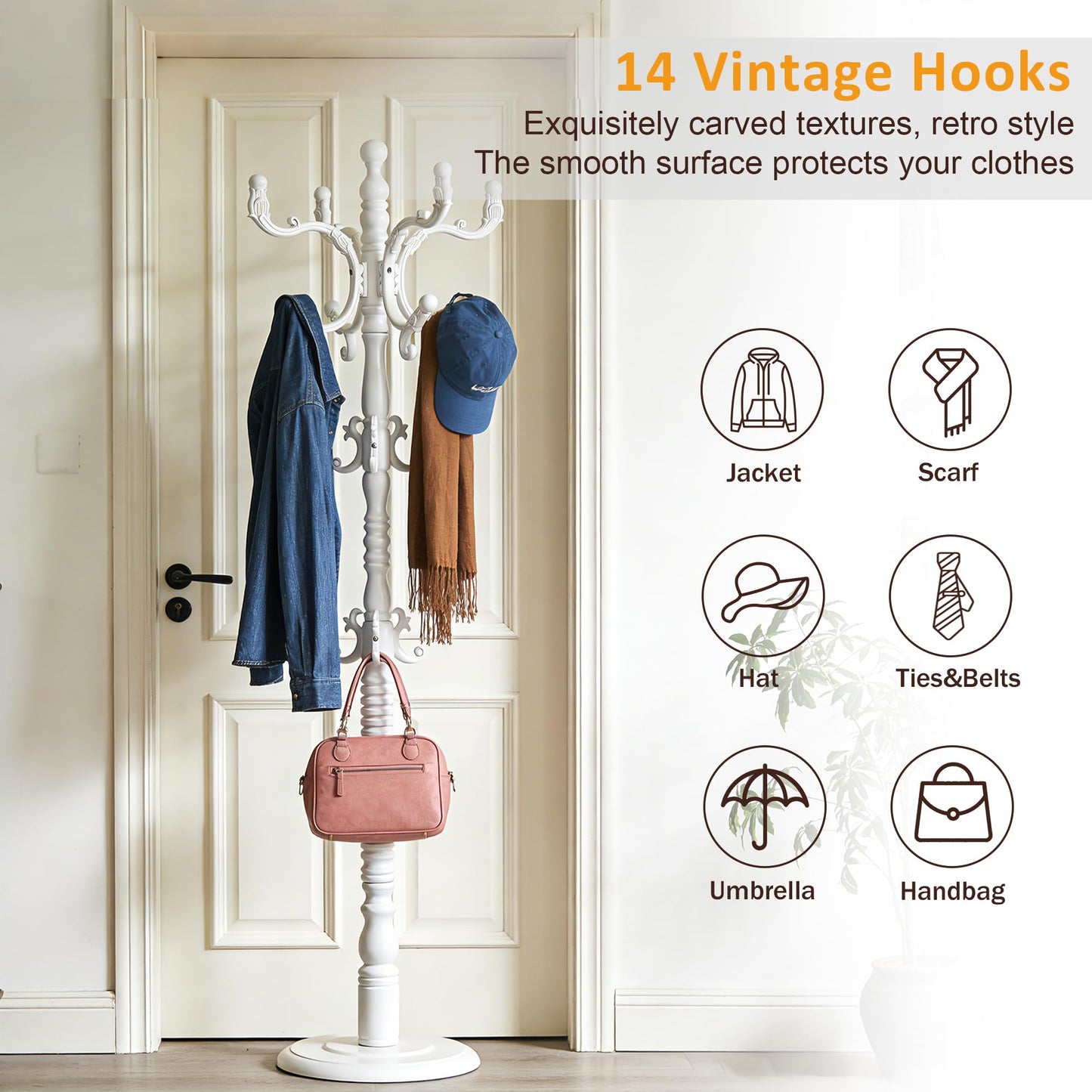 Oiotuesa Wood Coat Rack Freestanding with 14 hooks, Vintage Jacket hanger Tree for Entryway, Bedroom, Office, Hallway, 3-level Height Adjustment