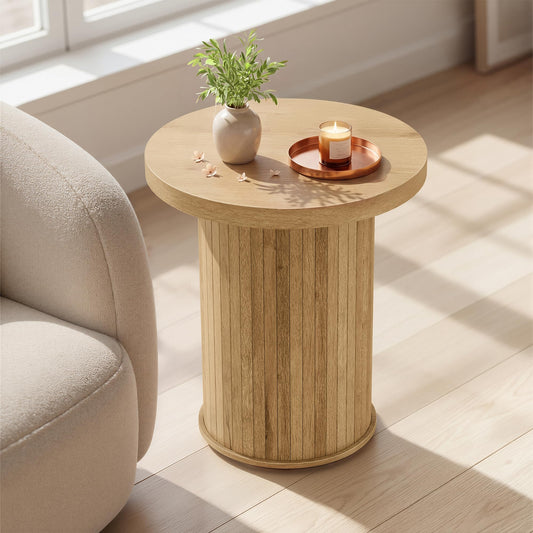 VASAGLE Round Side Table, Tambour End Table, Mid Century Modern Nightstand, Easy Assembly, for Small Spaces, Living Room, Bedroom, Home Office, 17.7 x 19.7 Inches, Natural Brown ULET295K101
