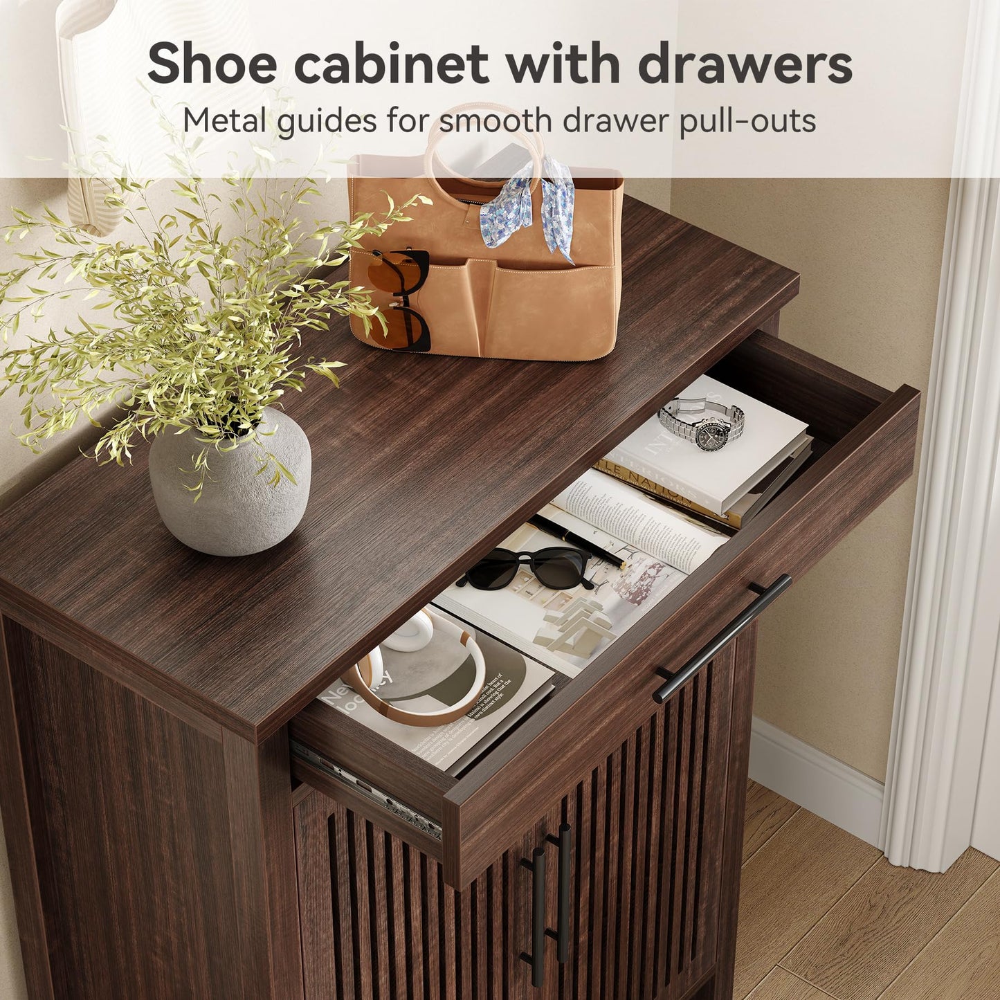 LITTLE TREE Narrow Storage Shoe Rack, 6-Tier Wooden Shoe Cabinet with Drawer, Freestanding Slim Shoe Cabinet Shoe Organizer for Entryway, Hallway, Closet, Bedroom, Living Room, Brown
