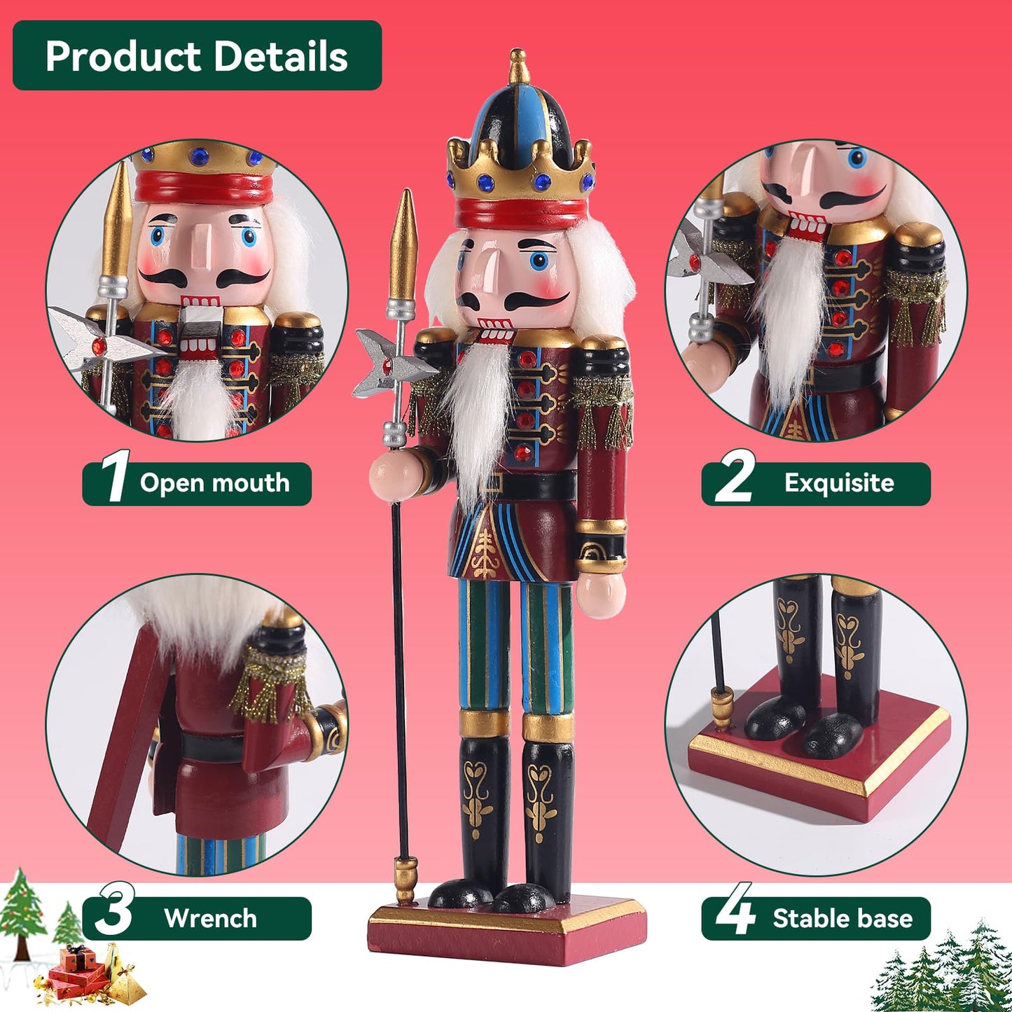 KoolShare 12-Inch Christmas Nutcracker Figurines, Set of 2 Traditional Wooden King & Soldier with Sword & Spear, Handcrafted Standing Holiday Decorations for Fireplace, Shelf, or Tabletop Display