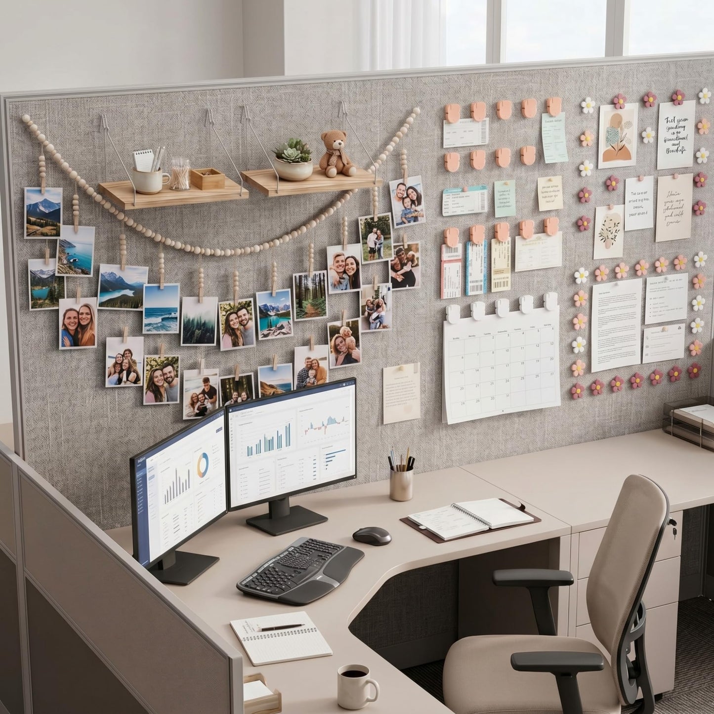Sieral 48 Pcs Office Cubicle Decor Set, Boho Hanging Photo Display with 24 Wooden Clips, 2 Fabric Wall Shelves, 30 Flower Push Pins, 15 Cubicle Clips, Aesthetic Wall Decor for Office, Dorm & Workspace