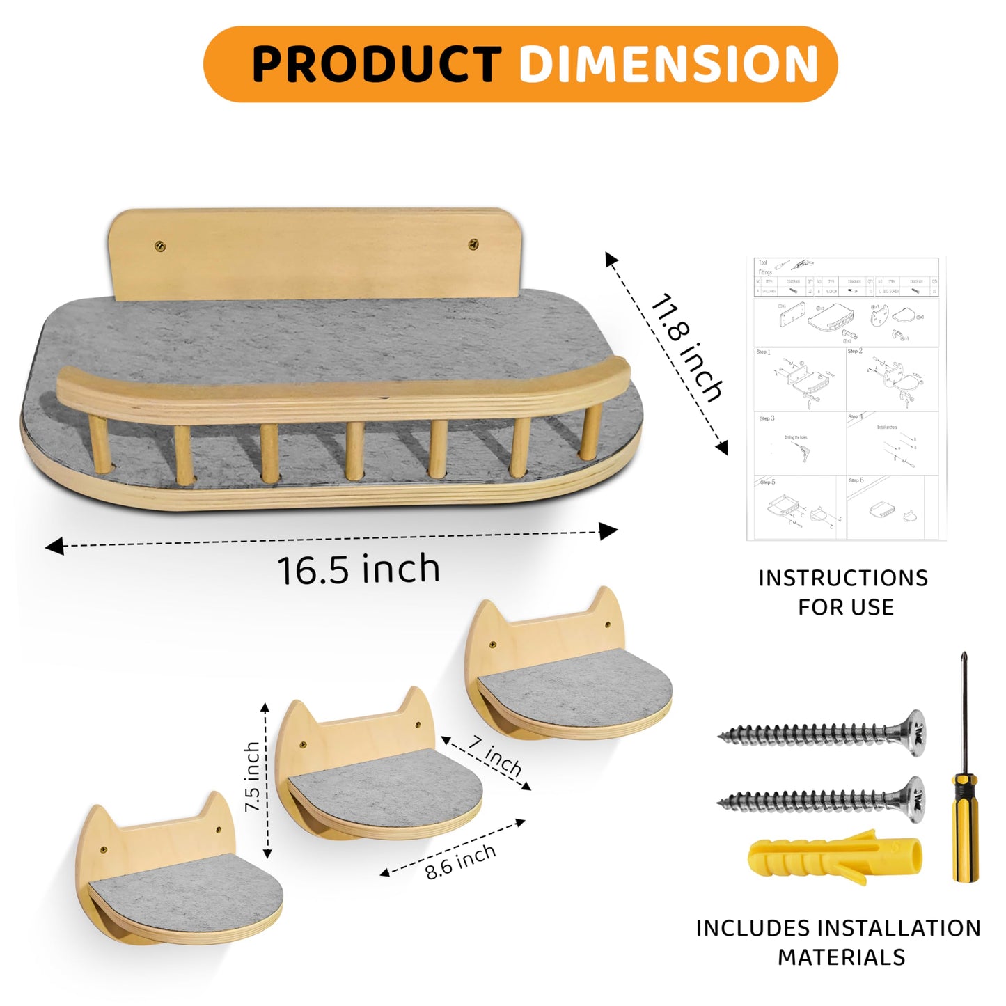 BUOGA Cat Wall Shelves – 3 Steps Climbing Furniture & Perch for Indoor Cats up to 30lbs, Wooden Floating Shelf with Non-Slip Pad Bed, Modern Corner & Wall Mounted for Playing and Lounging - Natural