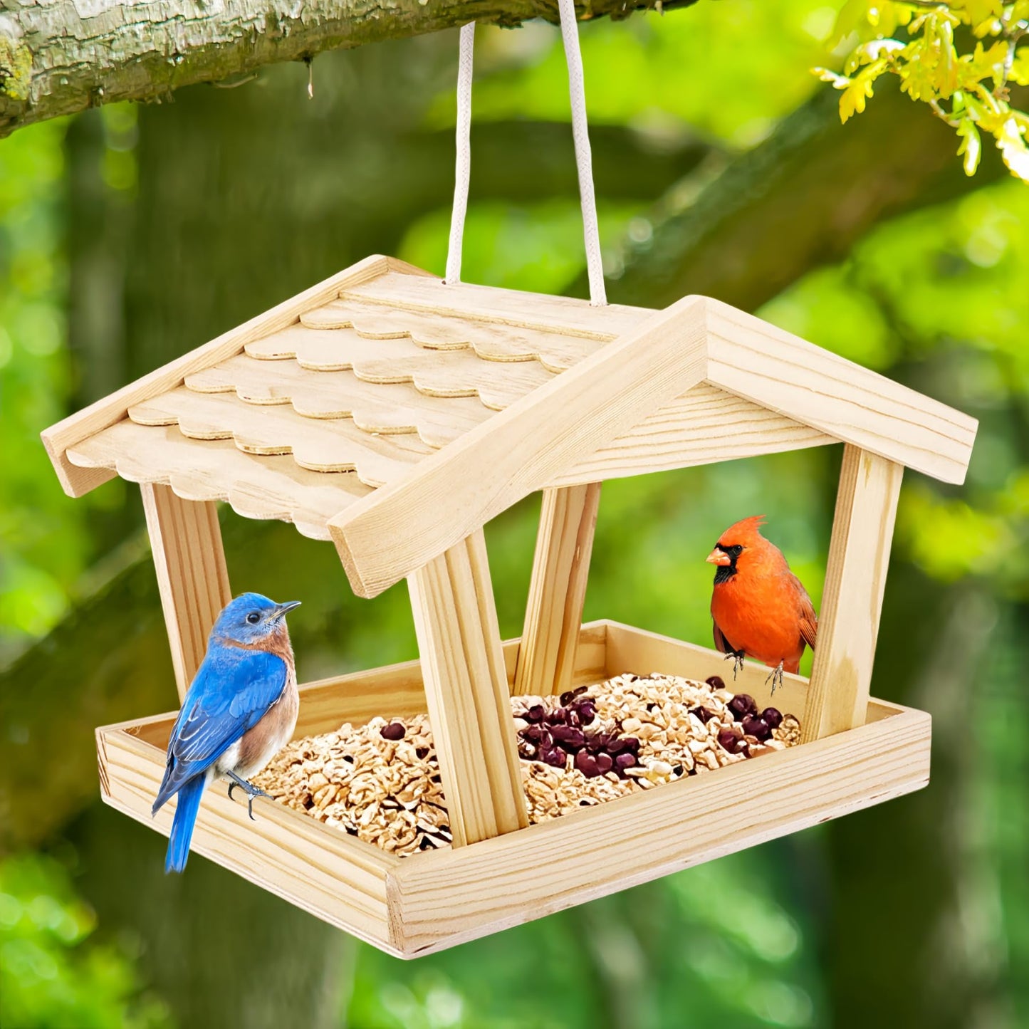 Dmnnlp Bird Feeders House, 10x6.3x7.8 Inch Wooden Wild Bird Feeders for Cardinals Finches Bluebird Mealworm, Platform Bird House Feeder for Garden Yard Outside Hanging, Unfinished Wood