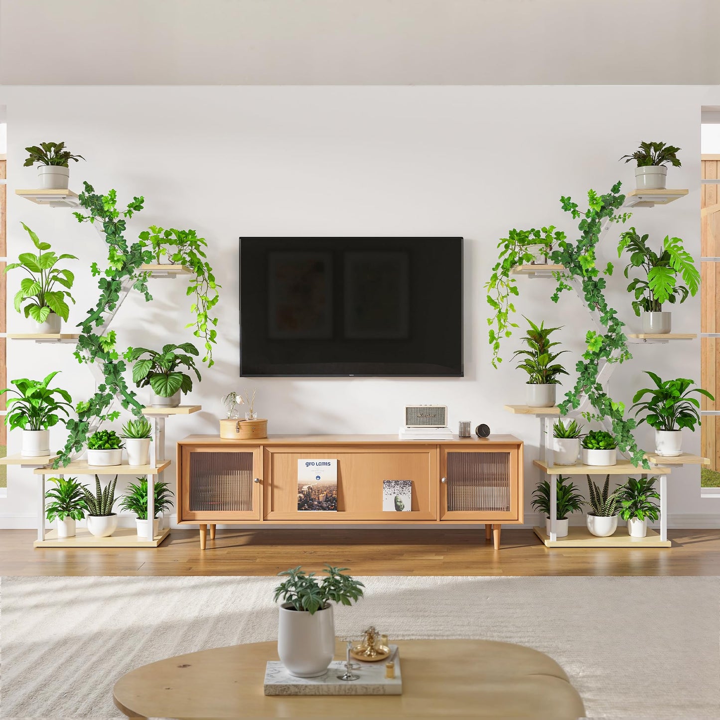 MemoCastle White Plant Shelves with Grow Lights: 7-Tier 65" Tall Modern Plant Stand for Indoor Corners, Living Room Display or Bedroom Gardening Rack