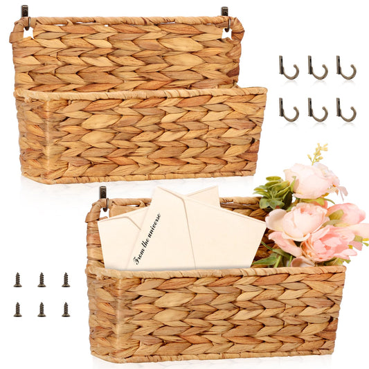 2 Pcs Woven Mail Holder Wall Mount Basket 9.25x1.57 Inch Rattan Wall Letter Holder Wicker Wall Basket Storage Water Hyacinth Hanging Storage Basket with Hooks Magazine Basket for Mail Envelope Office