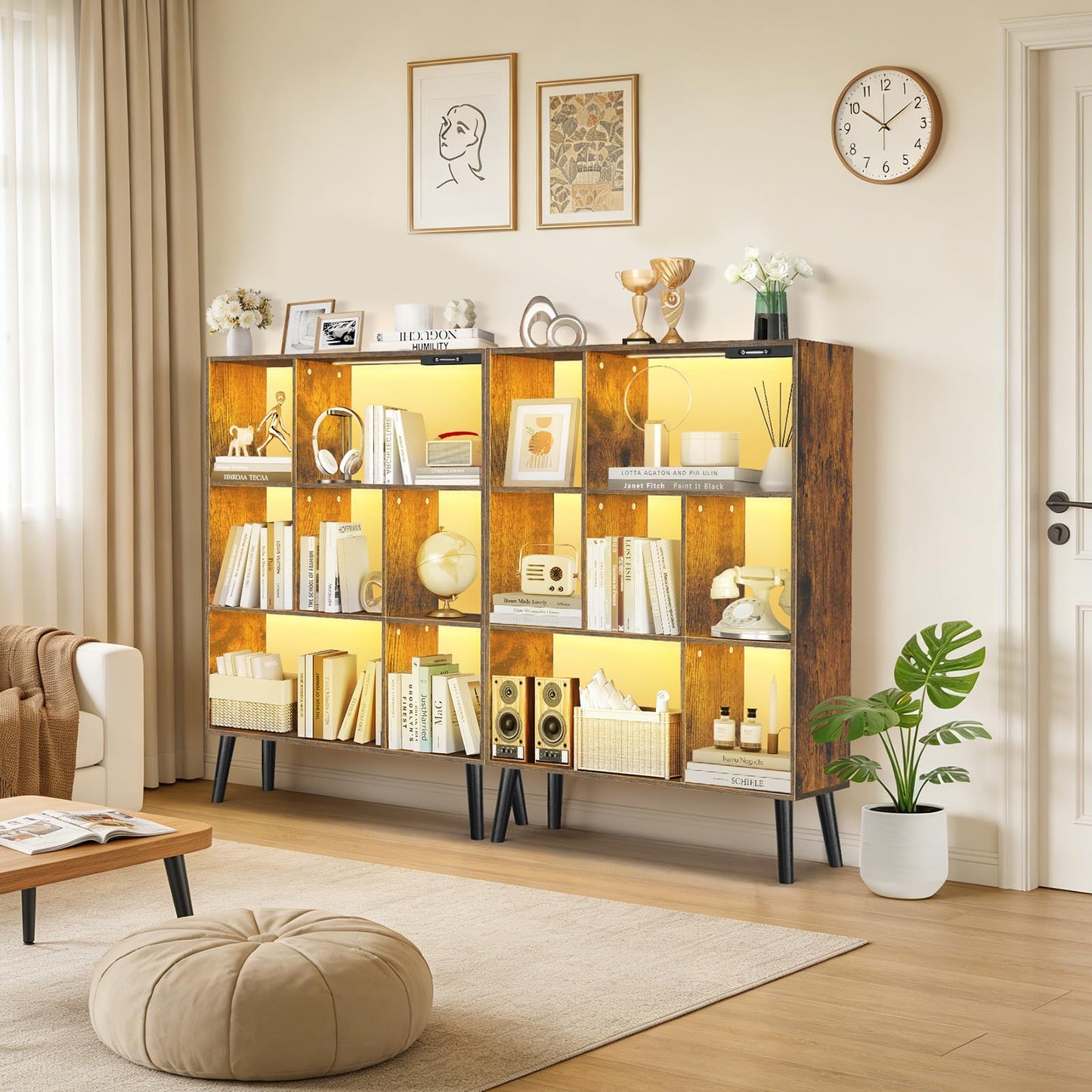 OUTONLIFE 7-Cube Bookshelf with LED Lights, Touch & Remote Control, Freestanding Open Bookcase Storage Shelf, Dimmable Modern Wooden Display Organizer with Legs for Living Room, Bedroom (Rustic Brown)