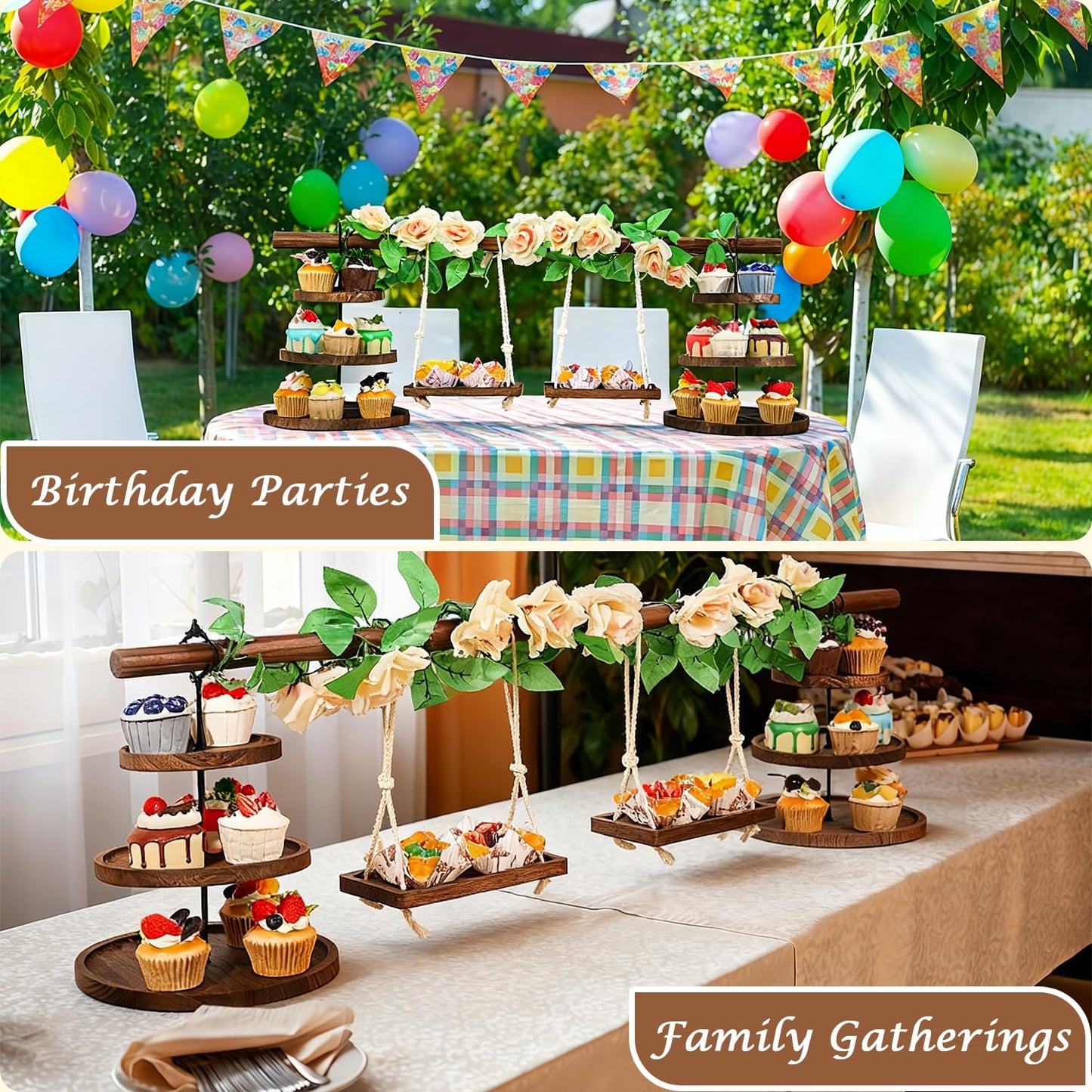 Wooden 3 Tier Cupcake Stand with Swing and Rose Vines Decor, Dessert Table Display Set Removable Serving Tray Cupcake Tower Centerpiece for Tea Party Birthday Baby Shower Wedding