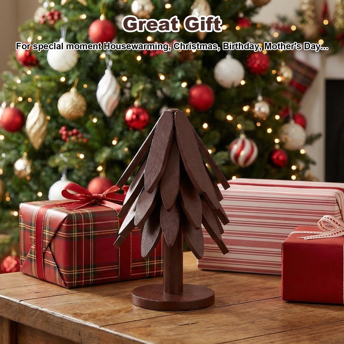 PercyEffie 10 Wooden Trivets for Hot Dishes 2 Set Christmas Tree Shape Trivet Set Natural Foldable 10 Wooden Tree Trivets + 2 Stand Stored Trees Coaster for Kitchen Table Hot Dishes Pot Bowl Teapot