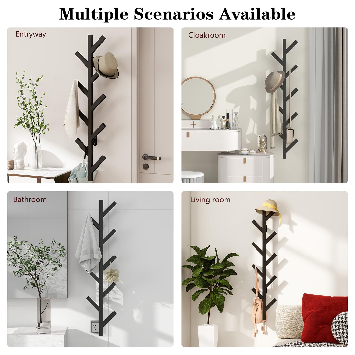 Prywot Coat Rack Wall Mounted - 9 Hooks, Coat Hooks for wall, Modern Metal Coat Tree for Hats, Jackets, Bags, Entryway Bedroom-Black (Height 37.8")