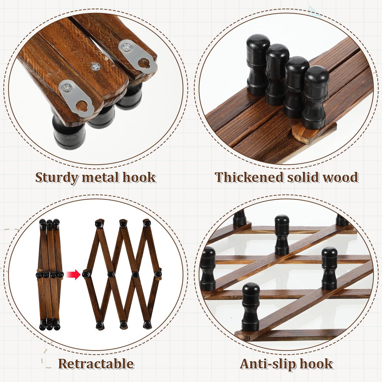 Lyksgir 4 Pcs Accordion Wall Hanger, Wooden Expandable Wall Mounted Hanger, Expandable Coat Rack, X Shape Coat Hooks for Hat, Coats, Coffee Mugs, Scarf, Including 40 Pegs with 8 Adhesive Hook (Brown)
