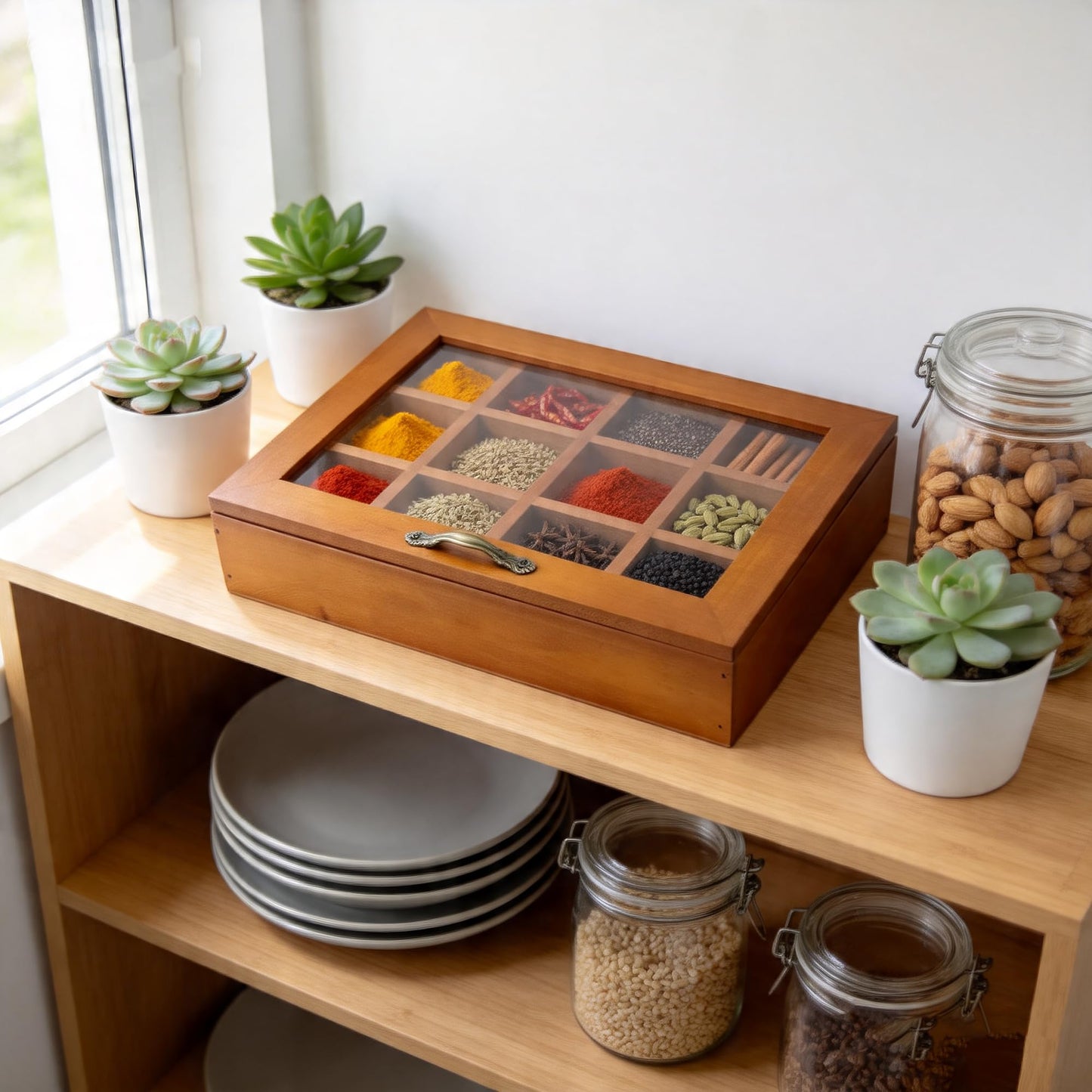 Hunmor Wooden Spice Box 10x7.5 Inch, Indian Spice Box, Masala Dabba Spice Box for Kitchen,Decorative Indian Organizer with Lid,12 Compartments Spice Storage Container,Ideal for Seasonings & Herbs