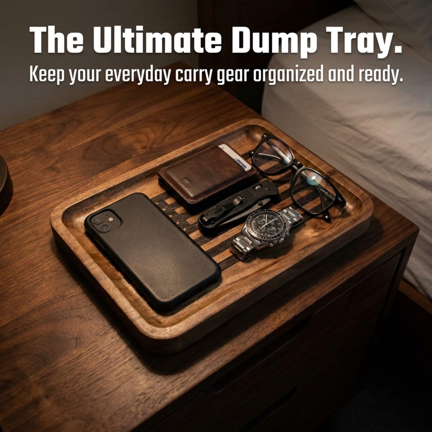 Guard The Line American Flag Valet Tray – Acacia Wood Catch All, EDC Tray – Every Day Carry Bedside Holder, Dump Tray EDC Organizer, Nightstand Organizer, Decorative Key Holder, 11 x 7.75 x 1 inches