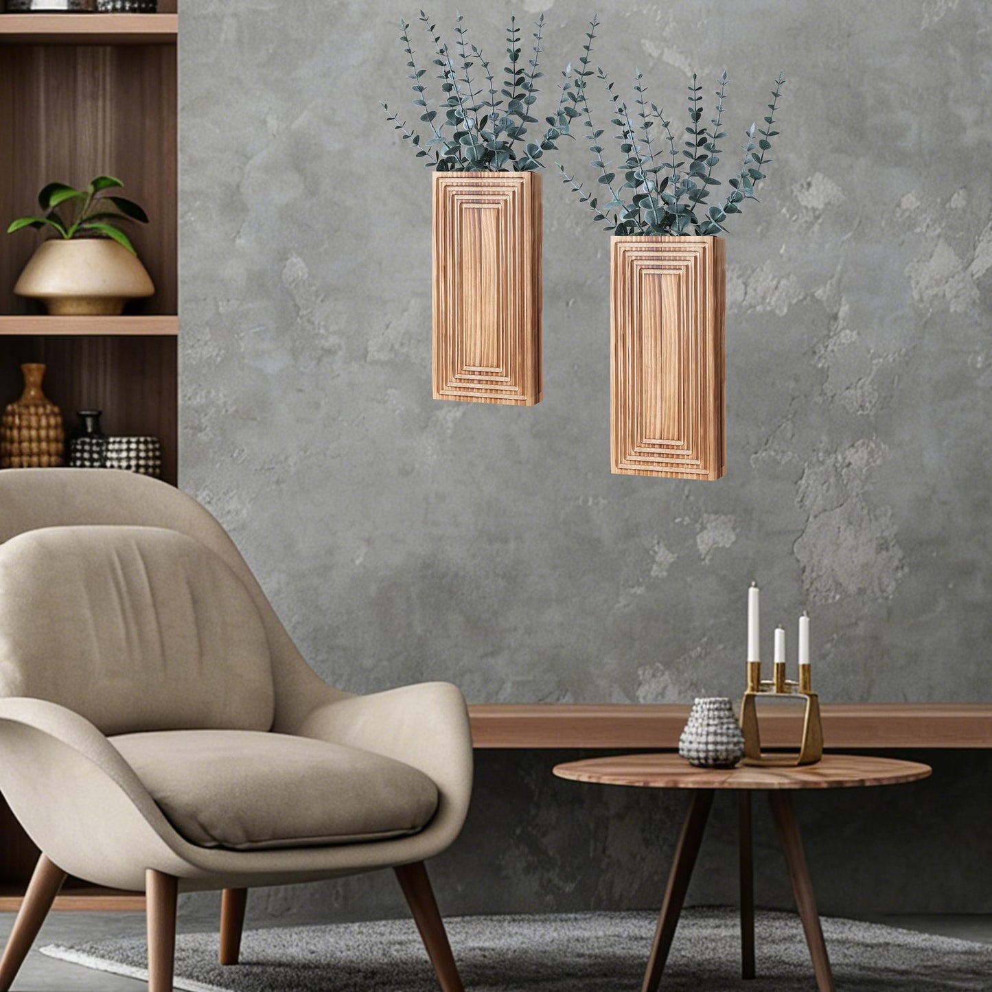 FancyPlus Wooden Wall Planter Vase, 2 Pack Brown Wood Hanging Vases with Fake Eucalyptus for Indoor Modern Boho Farmhouse Wall Art Decor for Home Indoor Kitchen Modern Farmhouse Bathroom