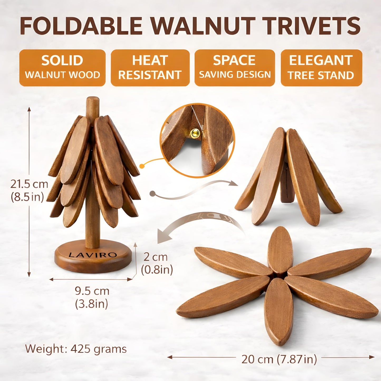 Natural Solid Black Walnut Wooden Tree Trivets for Hot Dishes – Foldable Artisanal Pot Holders for Pots & Pans, Decorative Kitchen Counter Storage Stand (Set of 4)