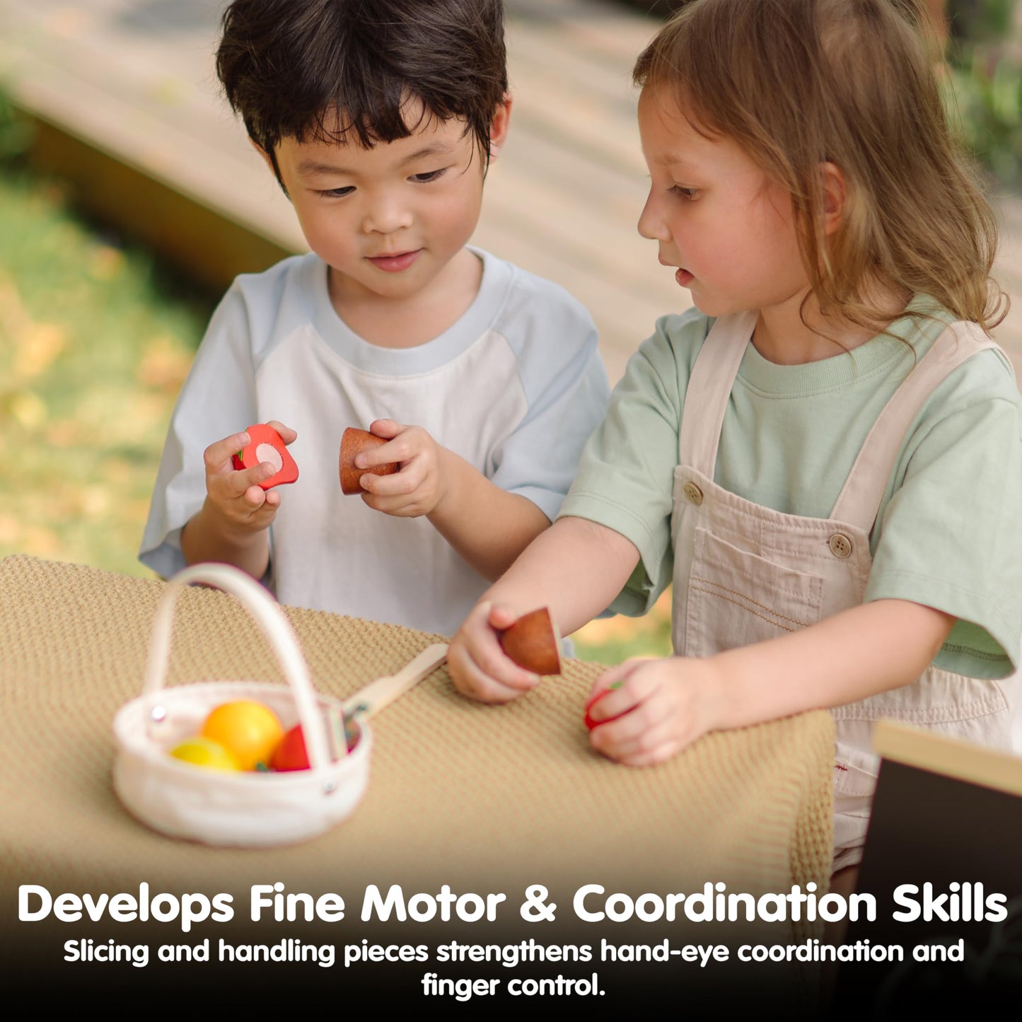 PlanToys® Wooden Berry & Citrus Basket | Montessori Pretend Play Fruit Set for Cutting, Mixing & Serving | Fine Motor Skills, Social Interaction & Eco Friendly Play Food Toy
