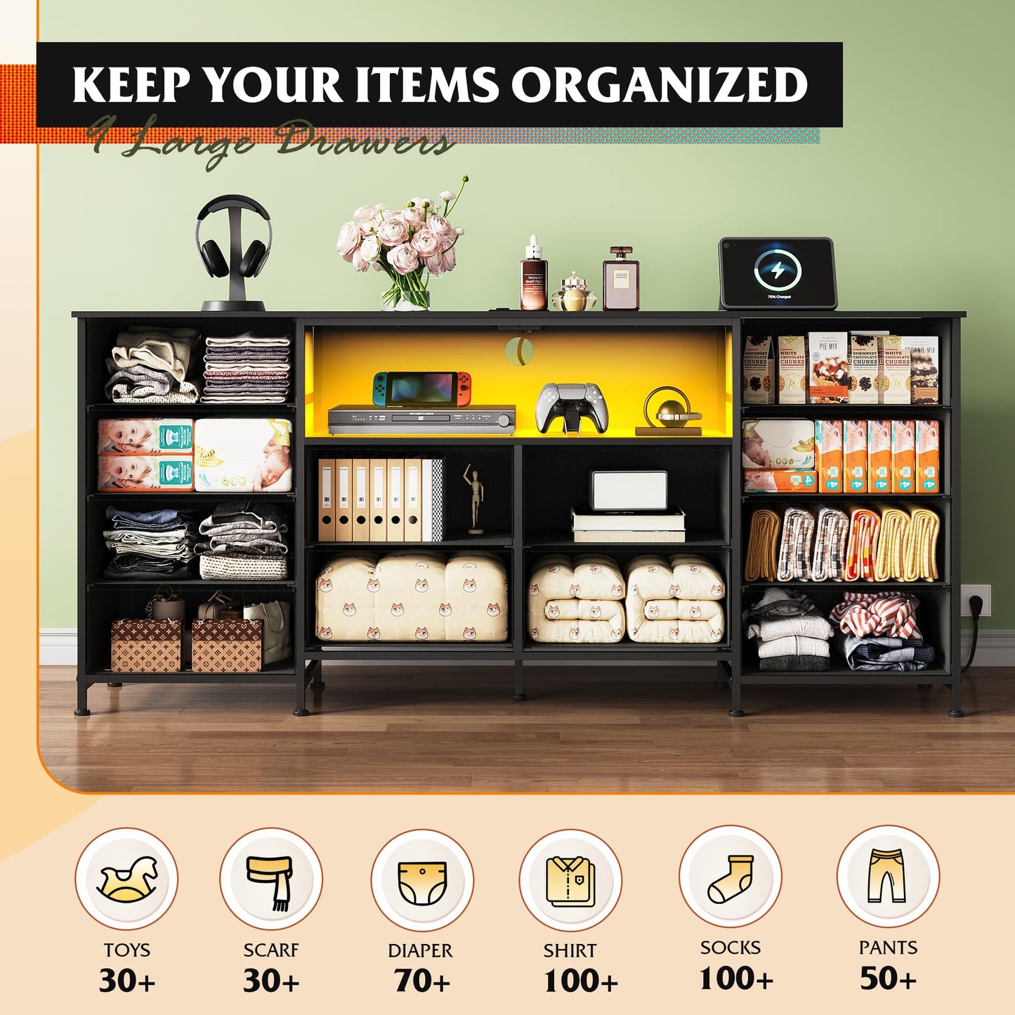 WLIVE 12 Drawer Dresser for Bedroom, Black Dresser TV Stand for 65, 70, 75 inch TV with Led Light & Charging Station, Wide Chest of Drawers with Open Shelves, Fabric Dressers for Closet, Living Room