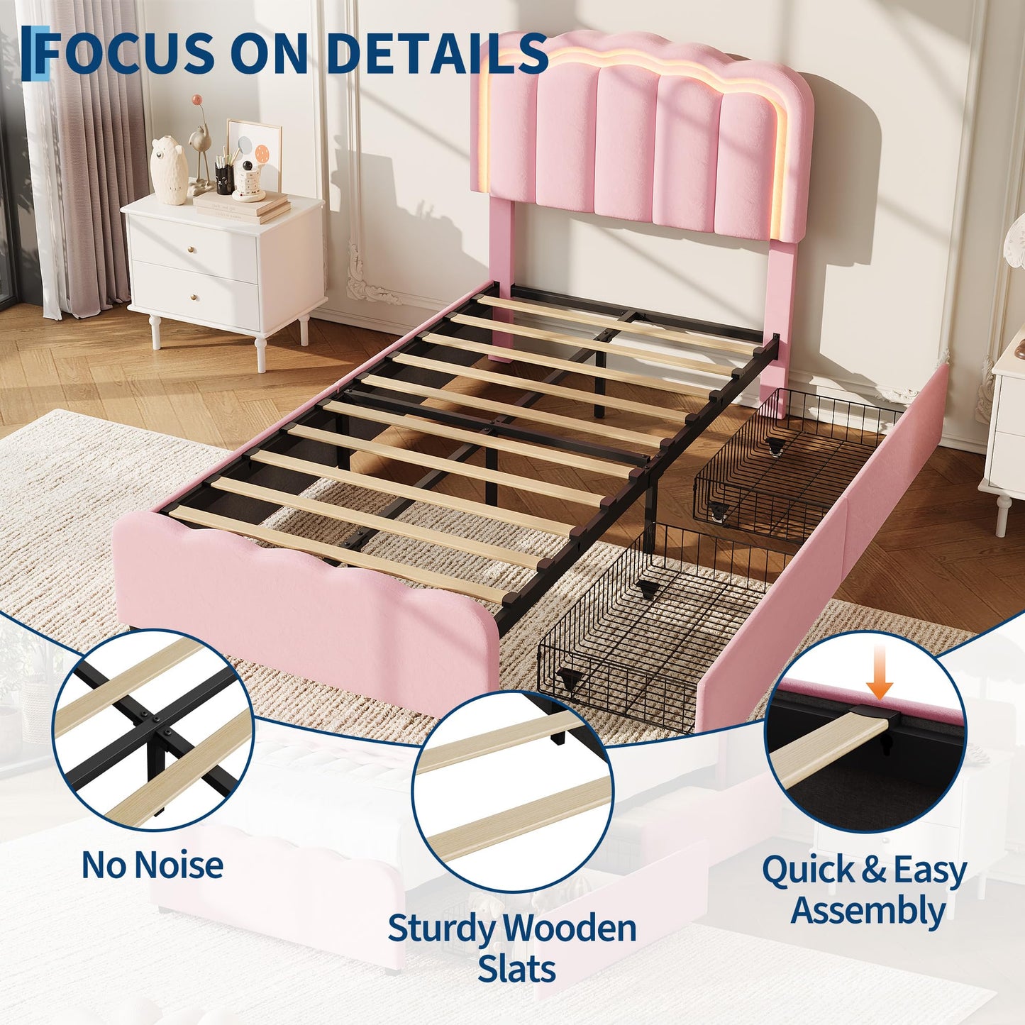 GarveeHome Twin LED Bed Frame, Kids Platform Bed with 2 Large Storage Drawers, Velvet Upholstered Princess Bed for Girls & Boys, Wooden Slats Support, No Box Spring Needed, Easy Assembly, Pink