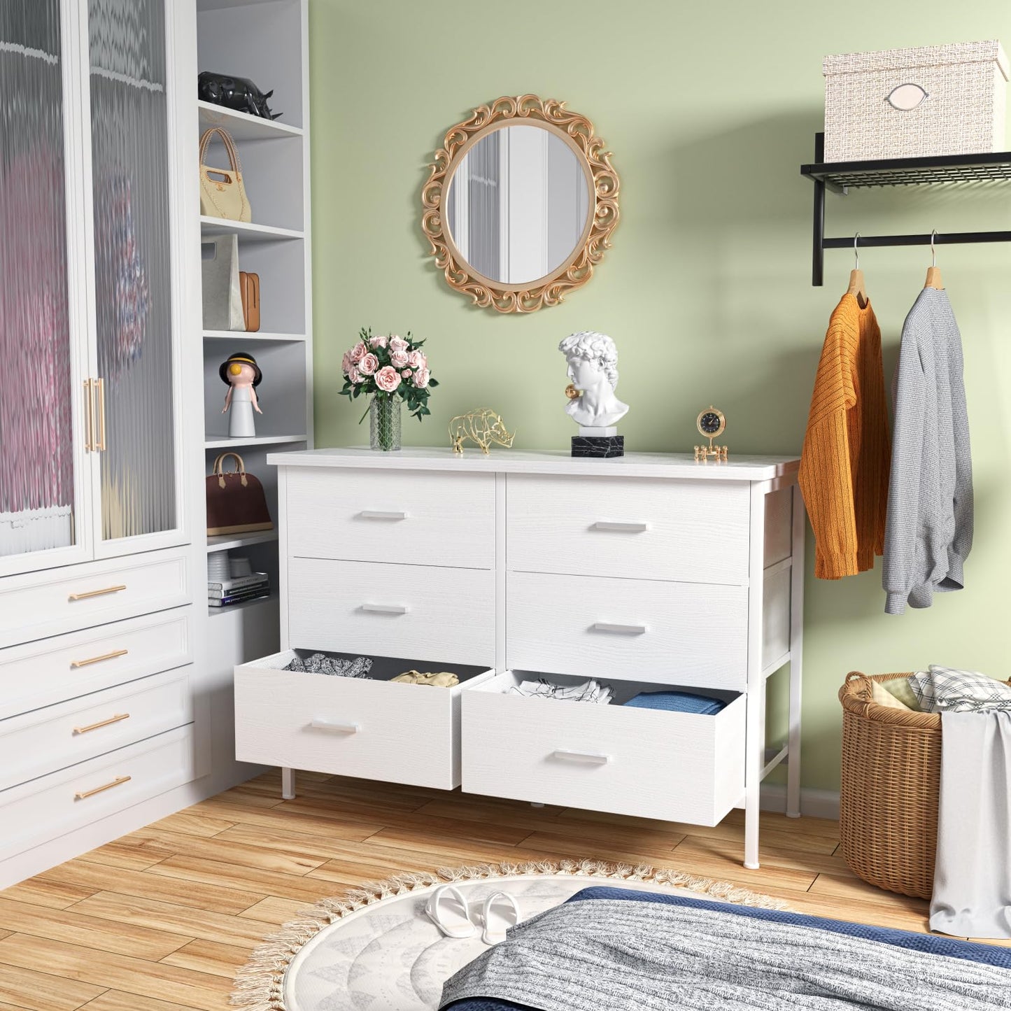 BOLUO White Dresser for Bedroom 6 Drawer,Wide Dresser TV Stand for 50" TV Dressers & Chests of Drawers Fabric Dresser Storage for Closet Modern