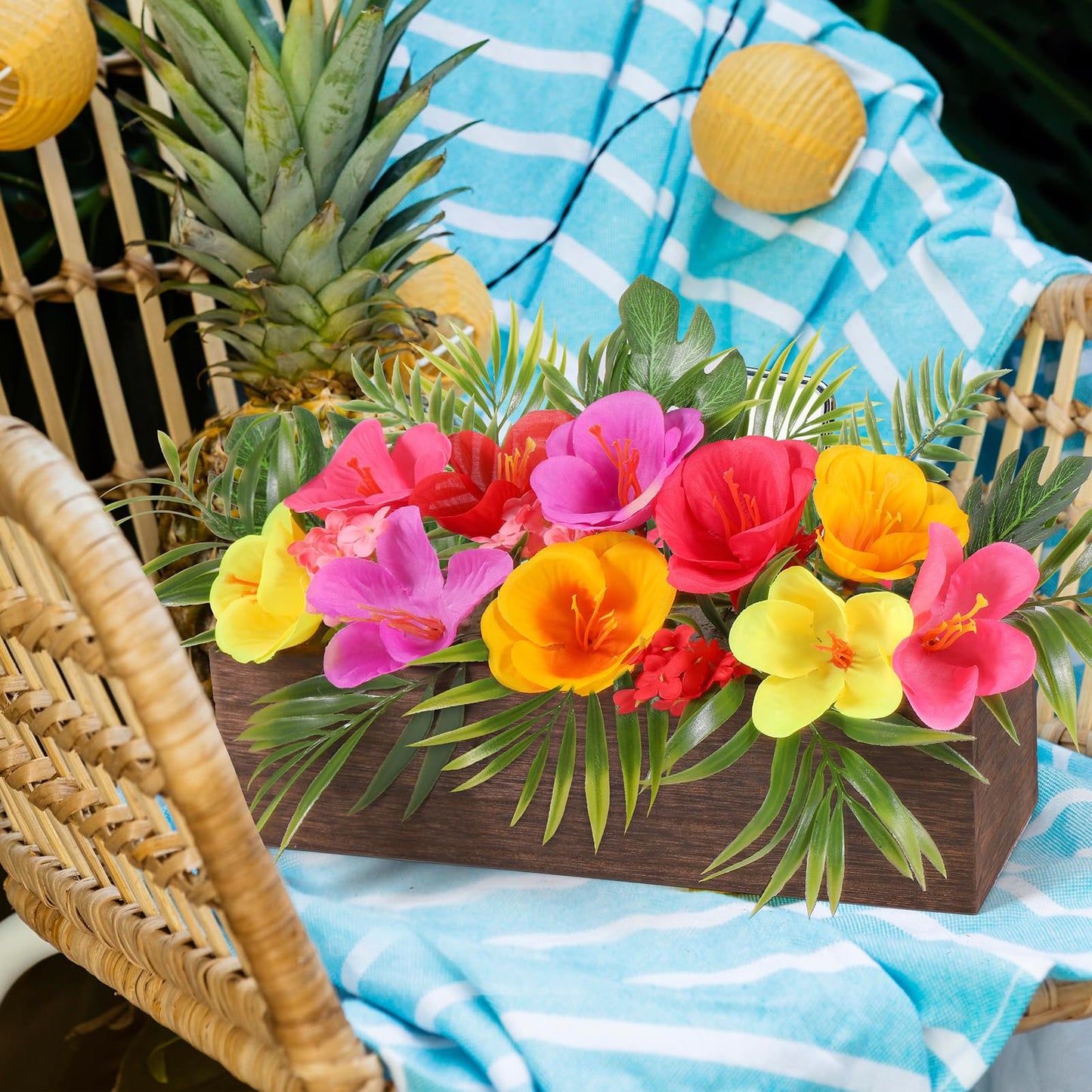 Dlerom Hawaiian Table Centerpieces Artificial Hibiscus Flowers Arrangements Wooden Crate, Wooden Planter with Tropical Palm Leaves for Summer Beach Tiered Tray Shelf Table Home Aloha Luau Party Decor