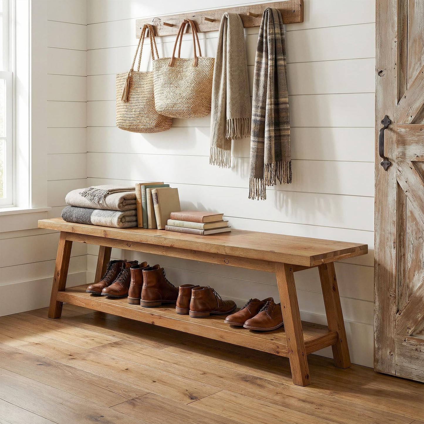 TRIBEWOOD Solid Wood Entryway Bench with Shoe Storage Shelf, 62.99" Long Rustic Hallway Shoe Bench, Natural Wood Mudroom Window Seating, 400 lbs Capacity