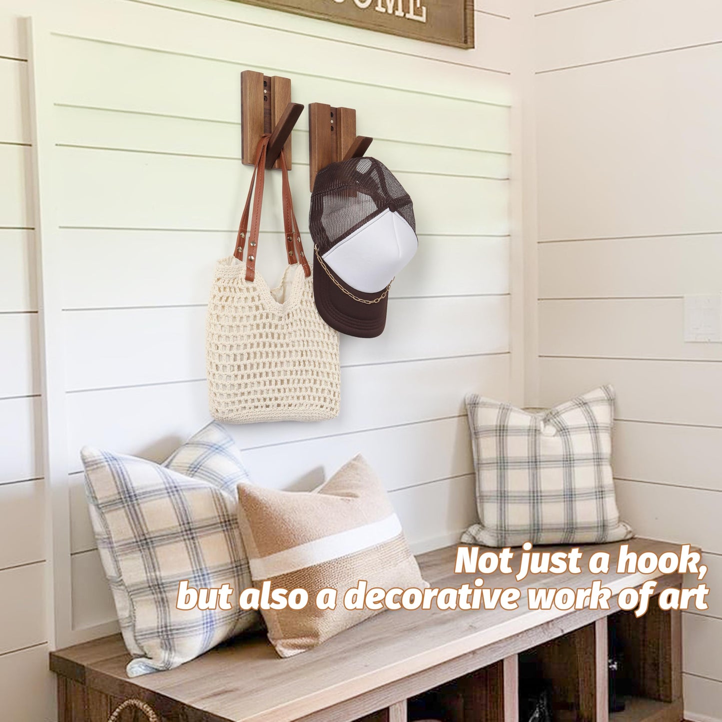 KYIAANY Foldable Wall Hooks 2Pack: Rustic Wooden Coat Hooks Mounted for Heavy Duty Hanging Hats Bags Beach Towels, Space Saving Minimalist Design for Aesthetic Homeowner