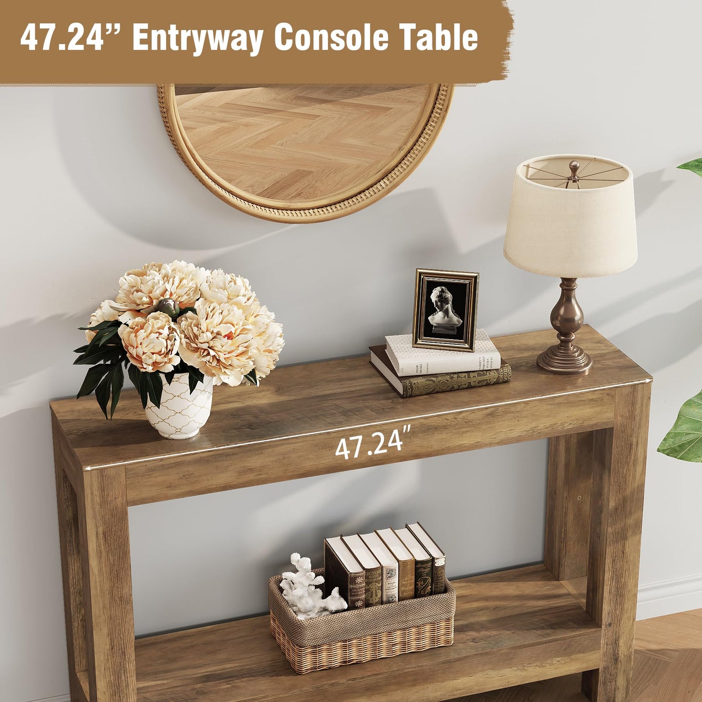 Tohomeor Farmhouse Console Table, 2-Tier Wood Sofa Table Behind Couch Narrow Entryway Accent Table for Entrance, Hallway, Living Room, Foyer