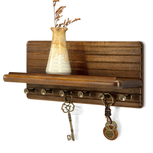 Rebee Vision Acacia Key Holder Wall Mount for Home Decor – Decorative 11-inch Key Holder for Wall with 6 Sturdy Hooks for Entryway - Home Storage Mail Organizer for Apartment Essentials (Acacia)