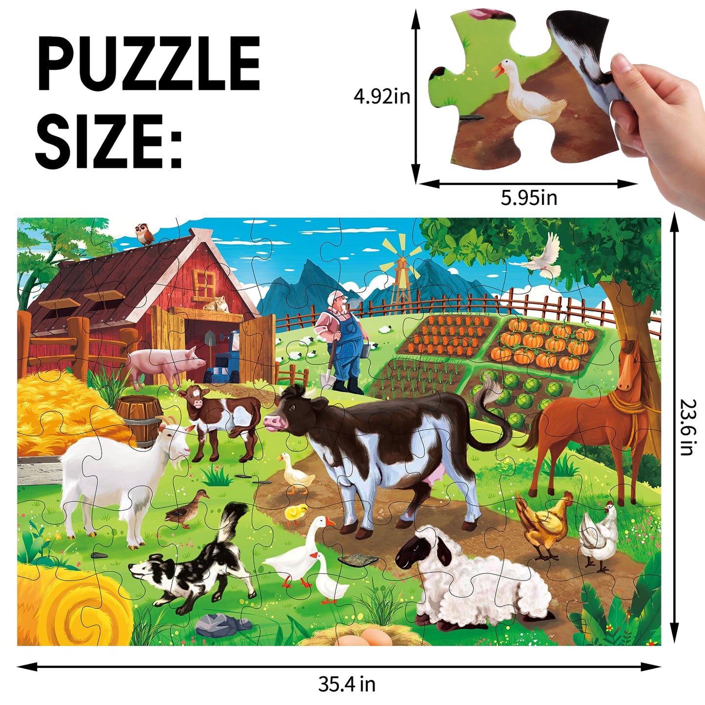 Jumbo Floor Puzzle for Kids,Farm Animals Jigsaw Large Puzzles,48 Piece Barn Puzzle for Toddler Ages 3-5,Children Learning Preschool Educational Toys,Birthday Easter Gift for 4-8 Years Old Boy and Girl