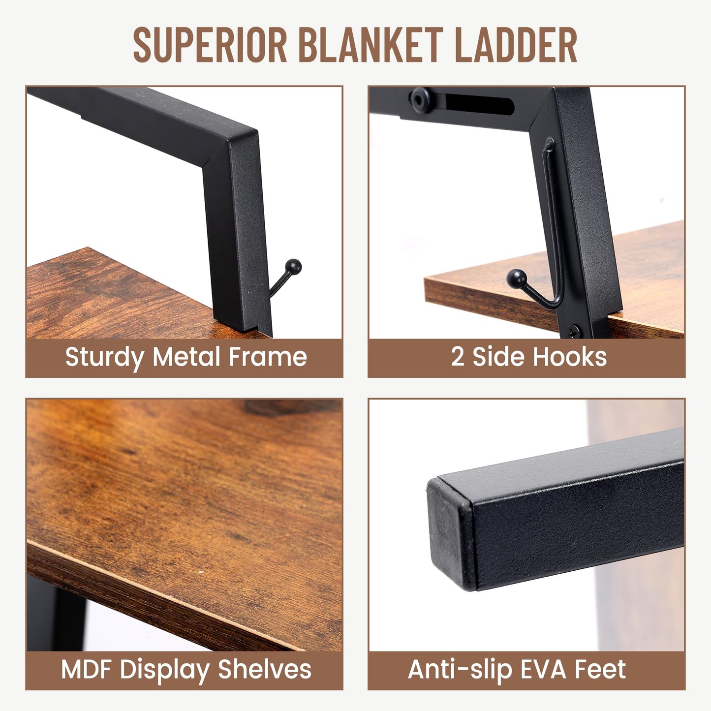 Outink 5 Tier Blanket Ladder with Shelf and Hooks, 4.8ft Metal Ladder Shelf Blanket Holder Storage Rack for Living Room, Free Standing Blanket Rack for Storage and Home Decor