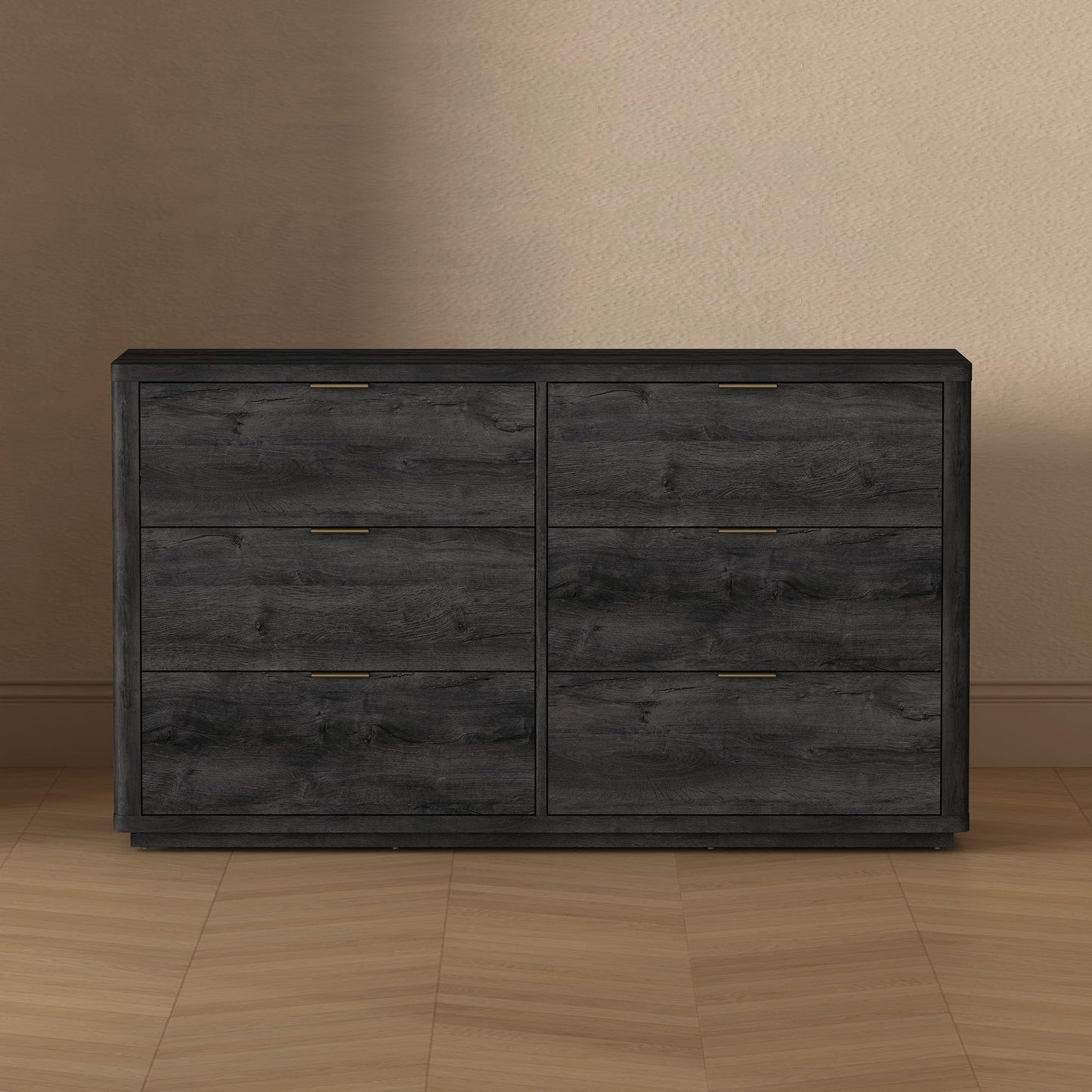 Manhattan Comfort Evelyn 60" Wide Modern Wood Dresser with 6 Drawers, Premium Storage Drawers with Rounded Edges and Brushed Gold Handles, Versatile Home Furniture, Charcoal Gray