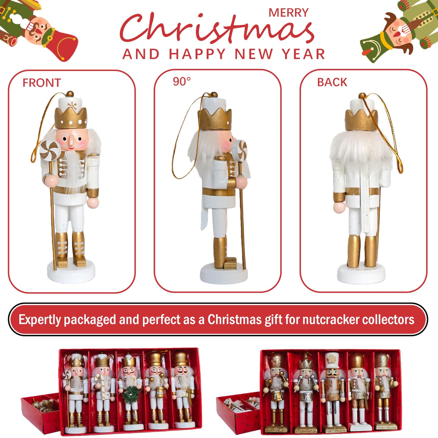 10 Pcs Mini Christmas Nutcracker Ornaments Set Classic Small Wooden Bulk Nut Cracker Figure Decor Wood Miniature Toy Soldier Christmas Tree Topper Decorations, White Silver Glitter Gold, 5 Inch