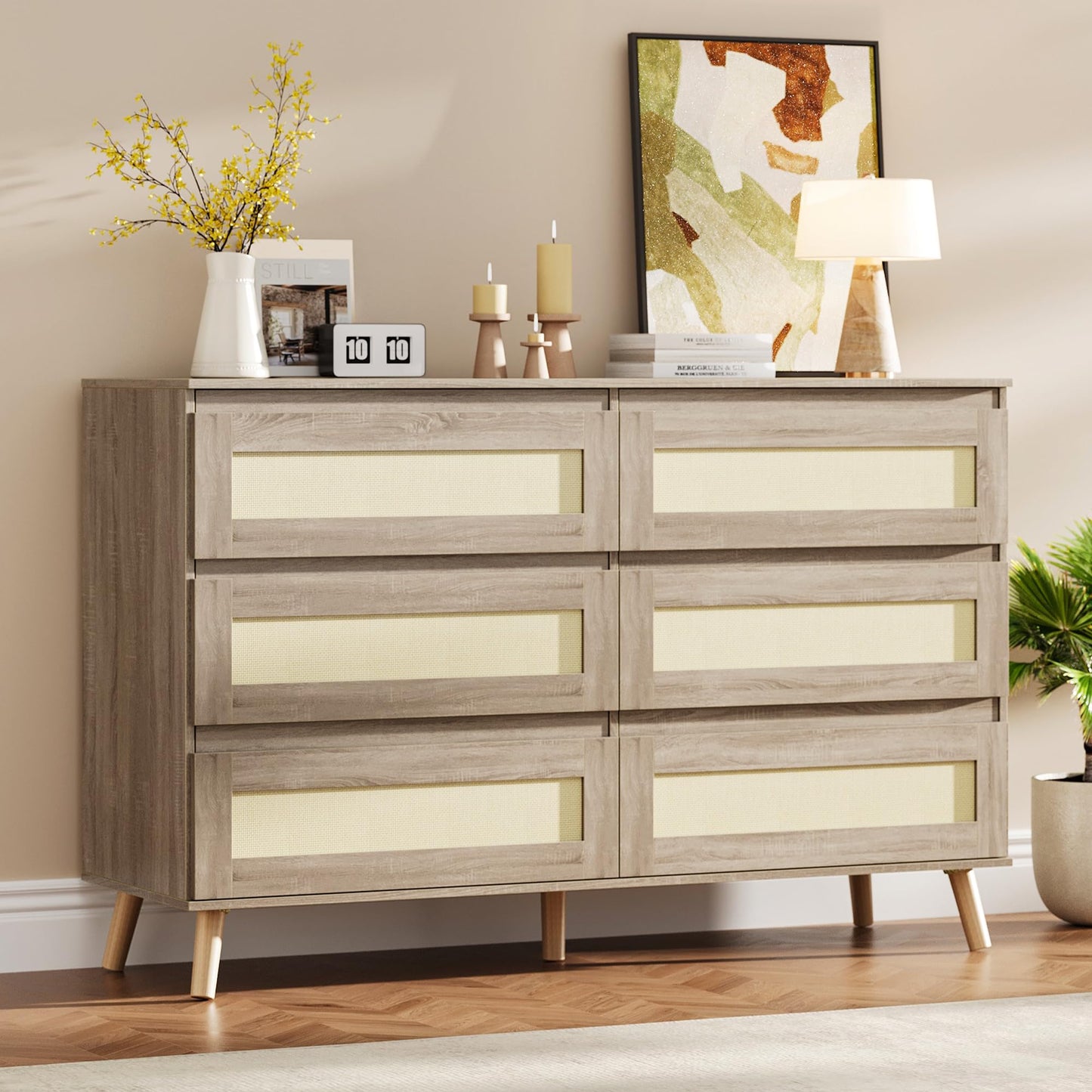 Patikuin Modern Rattan 6 Drawer Dresser for Bedroom, Wooden Chest of Drawers with Storage, Clothes Organizer Cabinet for Nursery, Living Room, Entryway, Natural Finish