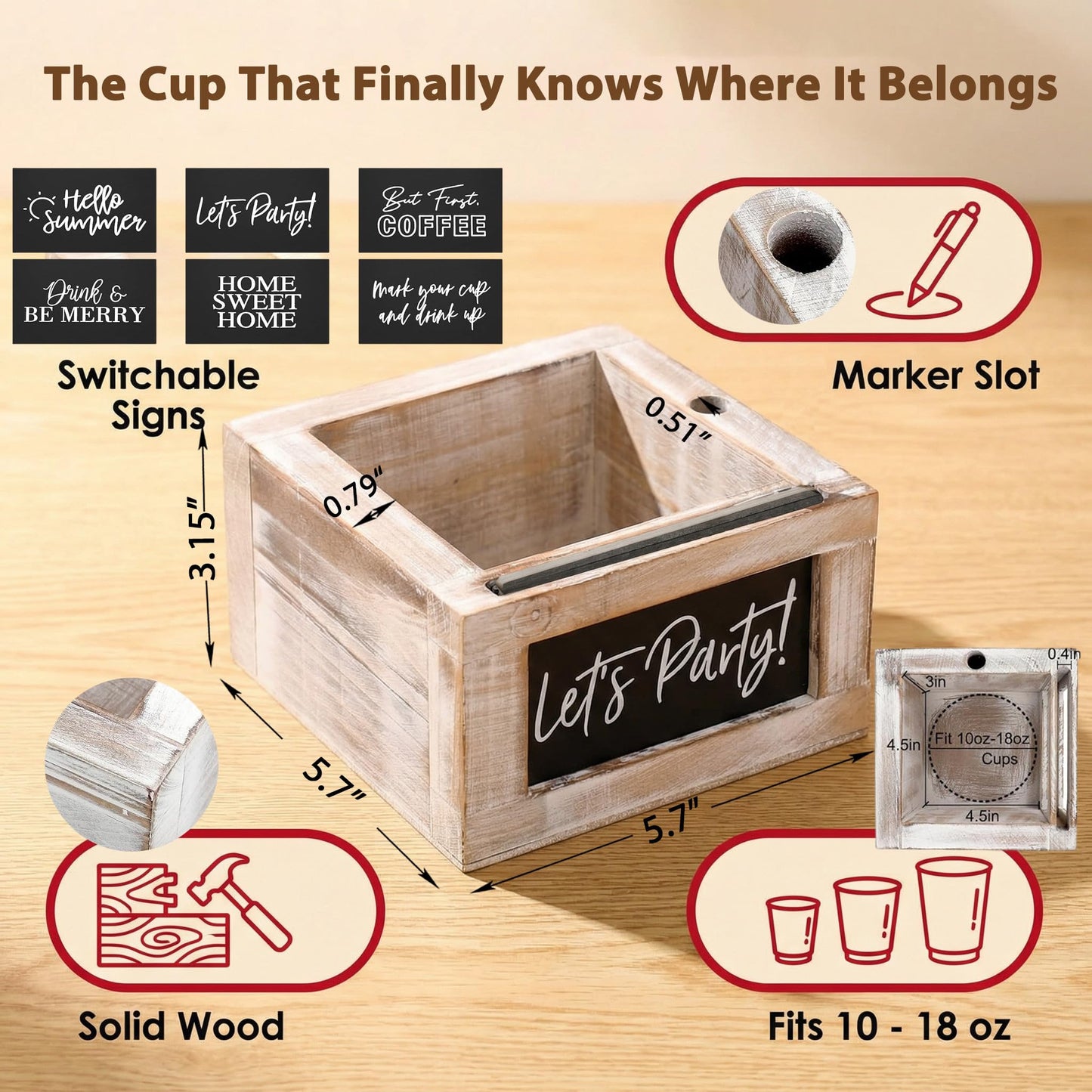 10–18 oz Wooden Cup Holder with Marker Slot & 6 Interchangeable Quote Signs, Farmhouse Drink Caddy for BBQs, Weddings, Parties, Housewarming & Home Bar Decor (Brown)