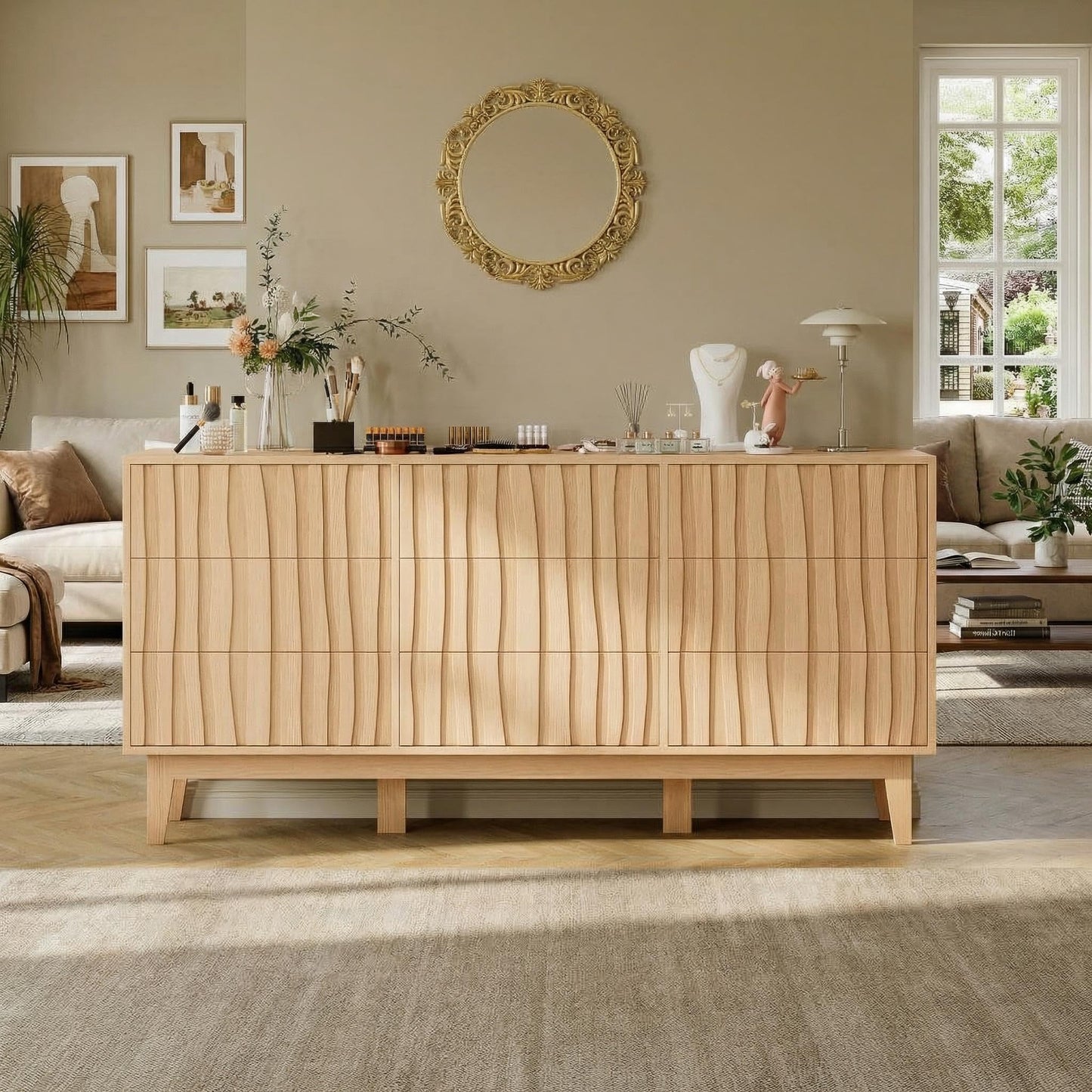 IDEALHOUSE Modern Fluted Dresser with 9 Drawers - Freestanding Wooden Storage Cabinet, Chest of Drawers for Bedroom for Living Room, Entryway, Hallway