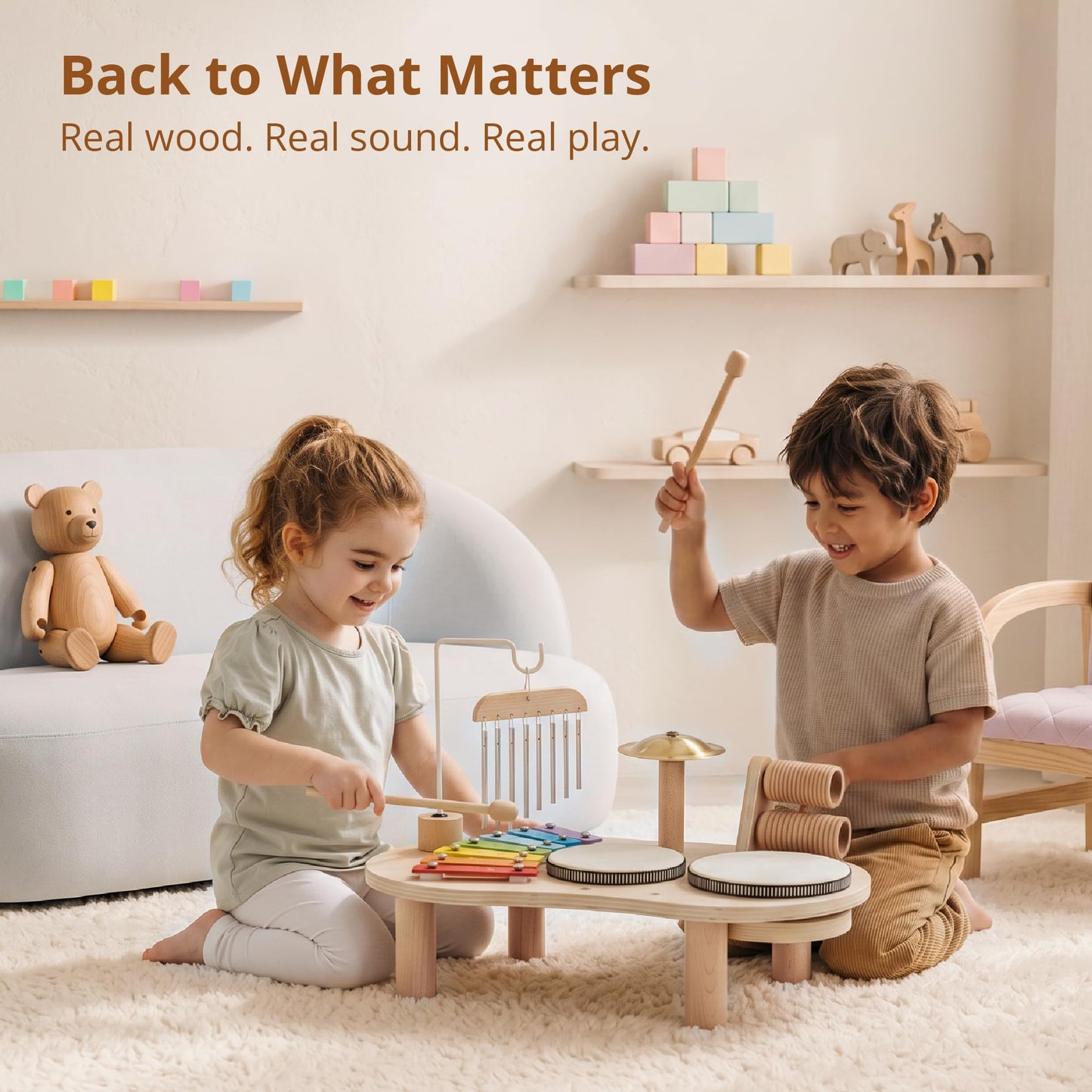 Promise Babe Wooden Drum Set for Toddlers 1-3, Musical Percussion Instruments for Kids Baby Drum Set Xylophone, Montessori Educational Musical Toys for Girls Boys Ages 3+