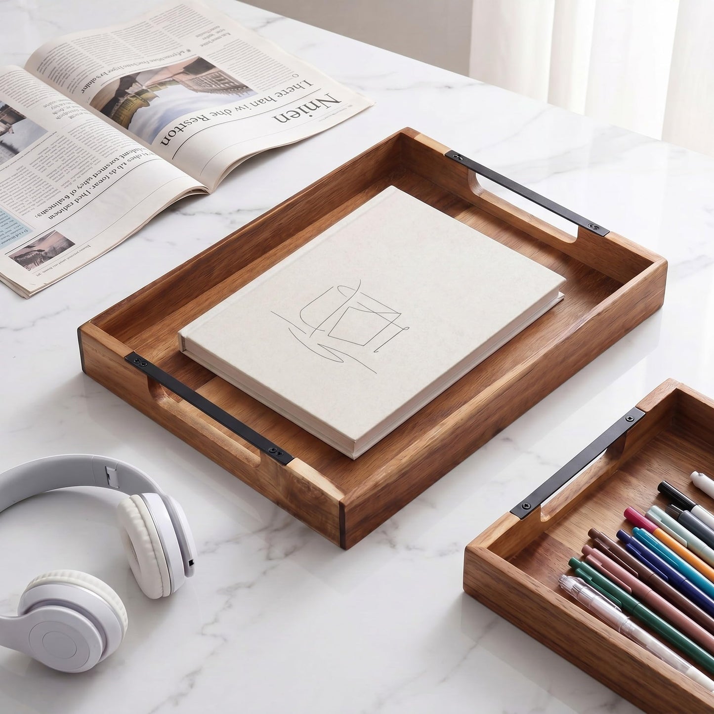 Sliner 2 Pcs Acacia Wood Serving Tray with Metal Handles, 17x13 Inch Large Ottoman Trays for Coffee Table, Breakfast in Bed, Dinner, Bar Serving, Farmhouse Decorative Storage Tray for Ottoman, Kitchen
