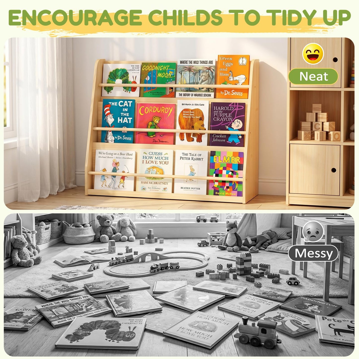 XiaZ Kids Bookshelf, Wooden Montessori Bookshelf for Toddlers with Front-Facing Display, Baby Book Display Shelves for Small Spaces, Childrens Book Organizer for Playroom, Nursery & Classroom, 3-Tier