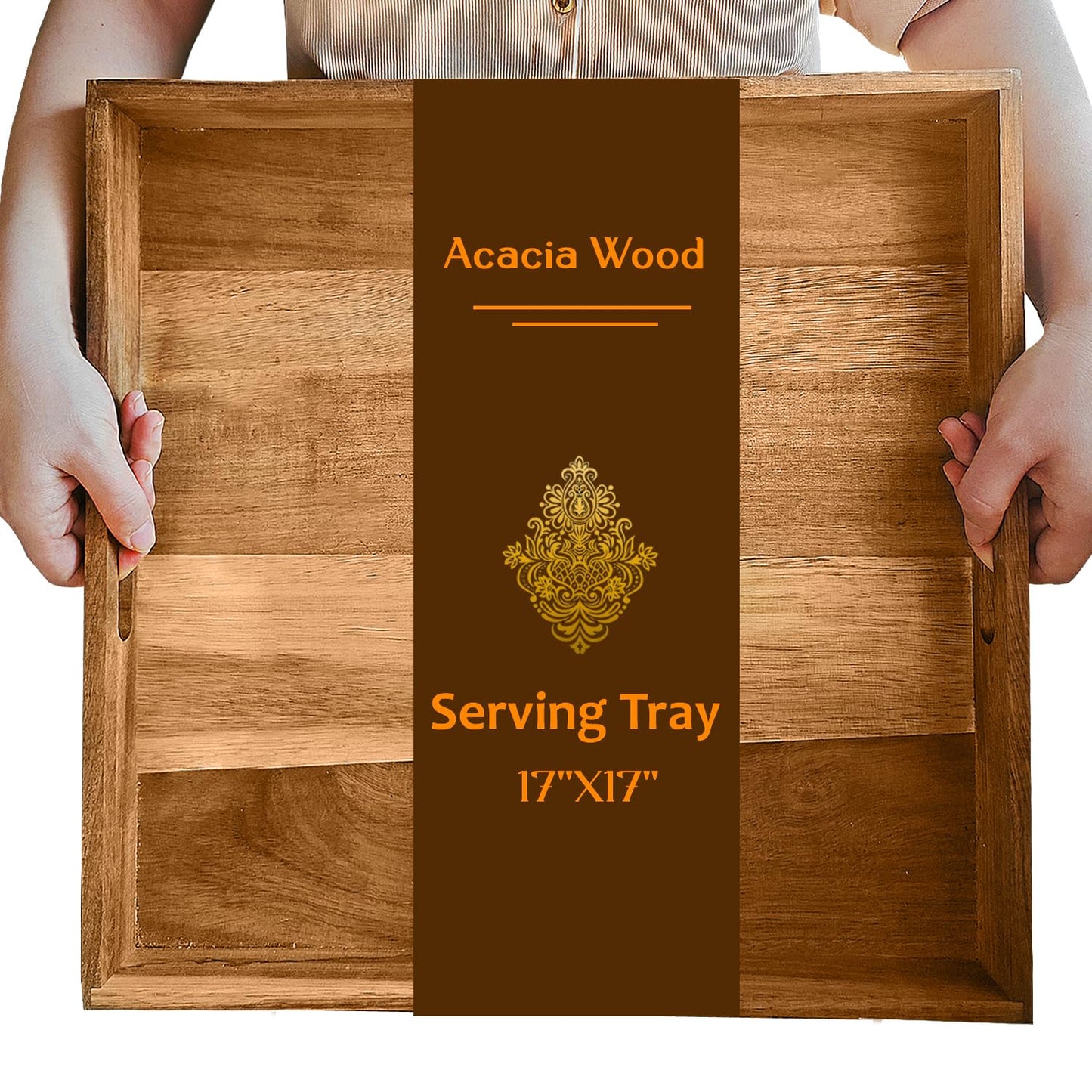 Large Acacia Wood Serving Tray, 17 Inch Square Ottoman Tray with Handles, Big Wood Platter for Living Room, Oversized Wooden Trays for Ottoman Decorative Food Coffee Table Party Bed Dinner Topper