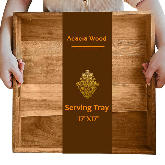 Large Acacia Wood Serving Tray, 17 Inch Square Ottoman Tray with Handles, Big Wood Platter for Living Room, Oversized Wooden Trays for Ottoman Decorative Food Coffee Table Party Bed Dinner Topper