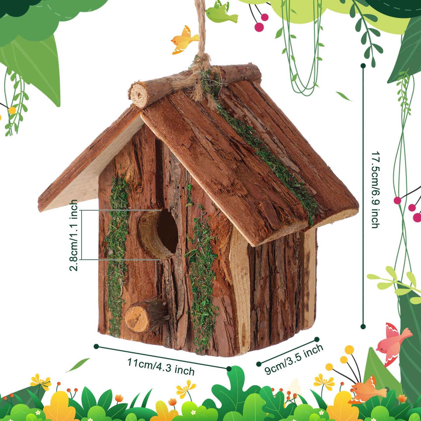 DoubleFill 2 Pcs Birdhouses for Outside Wooden Bird House with Moss Accent Hanging Design Birdhouse Natural Bark Finish Warm and Waterproof Rustic Bluebird House Cardinal Wren Hummingbird Garden