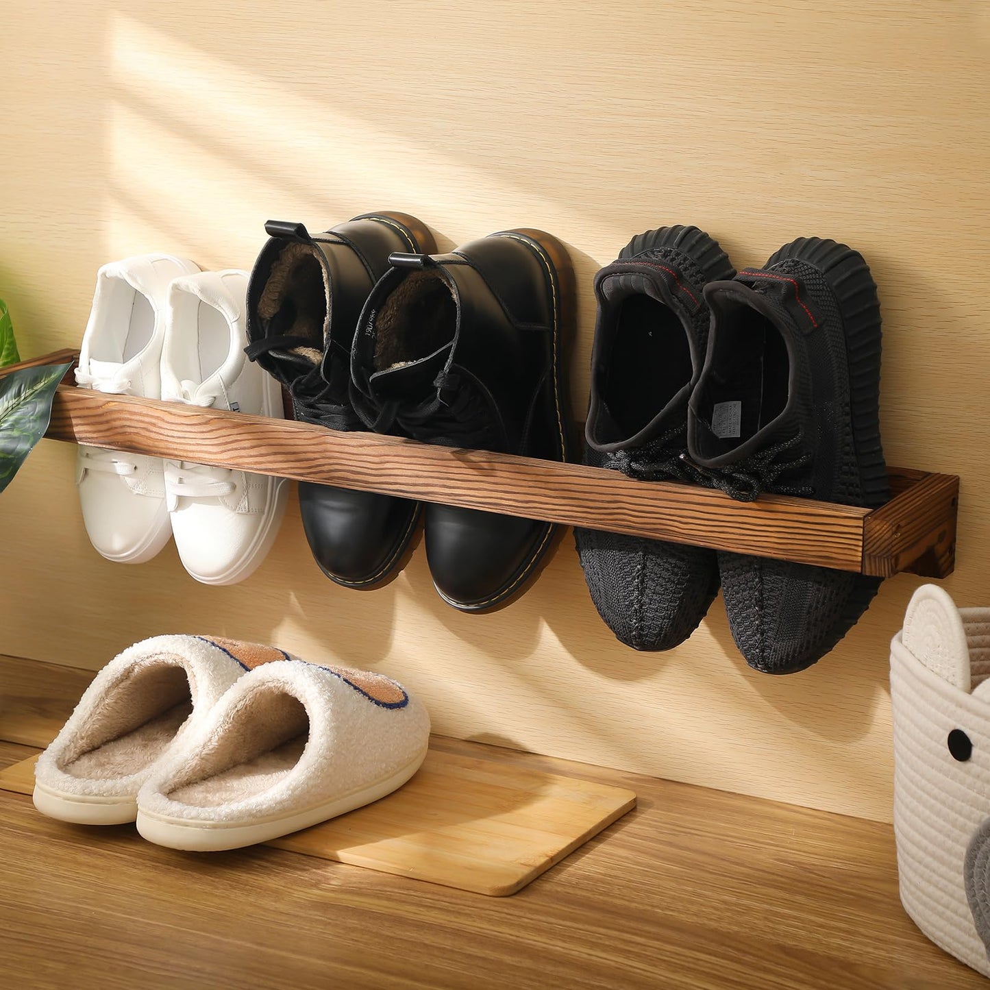 Wenqik 4 Pcs Wall Mounted Wooden Shoe Rack 30 Inch Rustic Wood Wall Hanging Shoe Rack Space Saving Footwear Holder Shoes Storage Organizer for Mudroom, Entryway, Closet (Burnt Wood)
