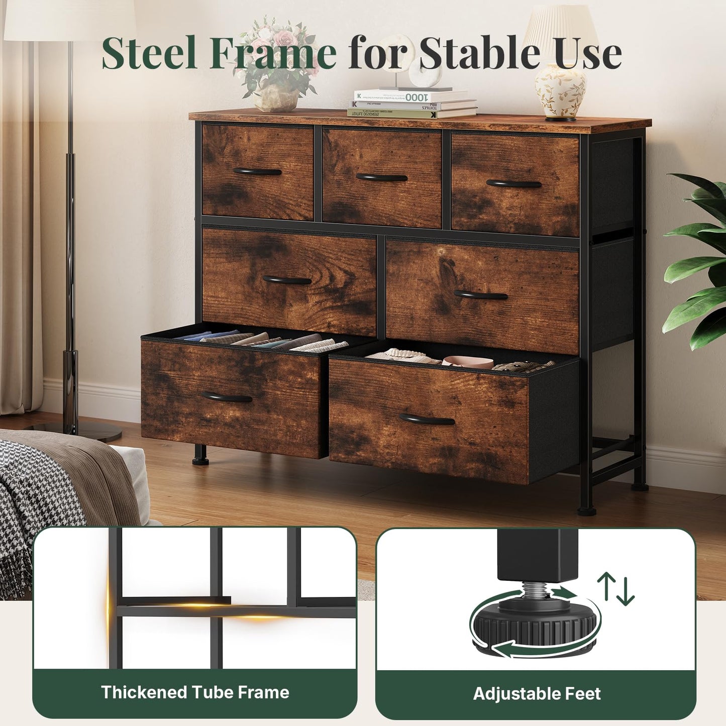 HAPPYMONT Fabric Dresser for Bedroom with 7 Drawers, Chest of Drawers, Wood Top and Metal Frame Organizer for Clothes, Closet, Entryway, Hallway, Living Room Furniture
