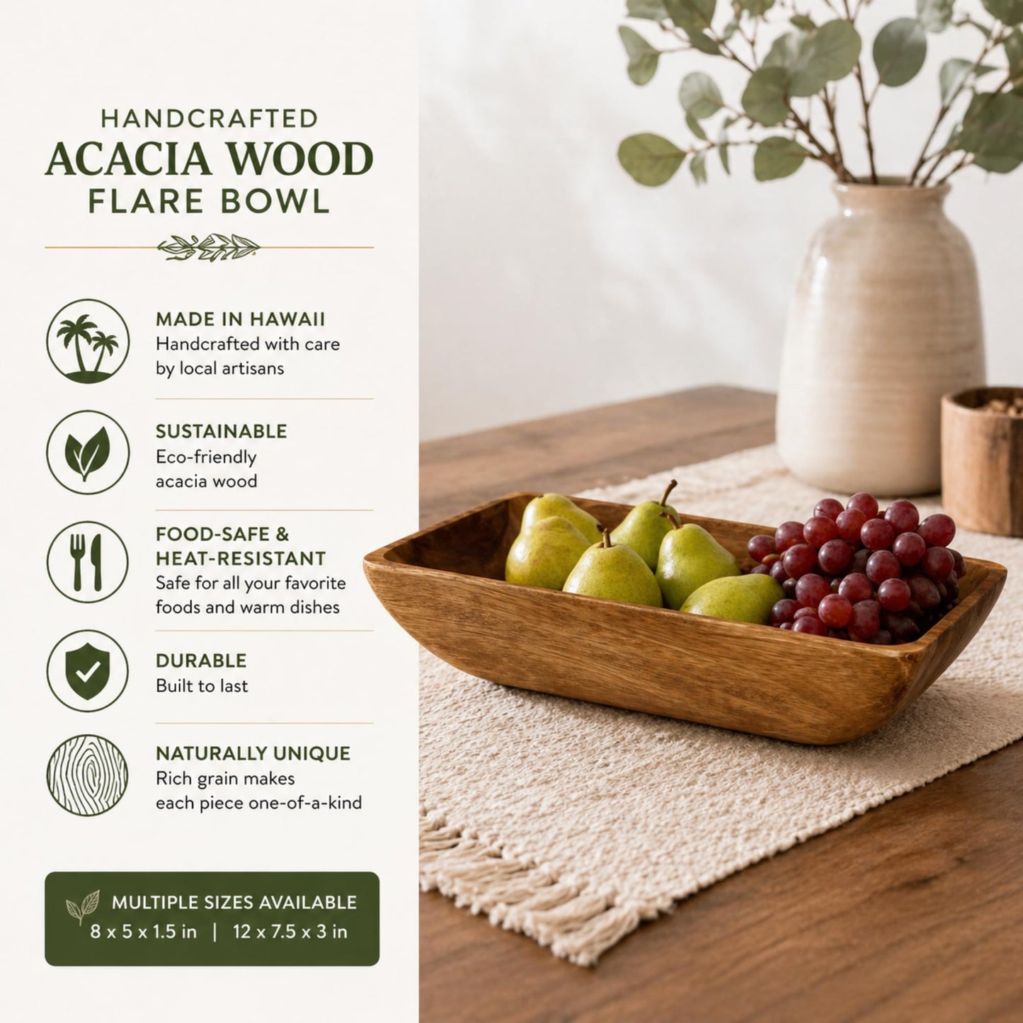 Handcrafted Acacia Wood Rectangular Bowl – Made in Hawaii – Eco-Friendly Wooden Serving Dish – Durable, Food-Safe, Heat-Resistant – Flared Design – Multiple Sizes (8x5x1.5 inch)