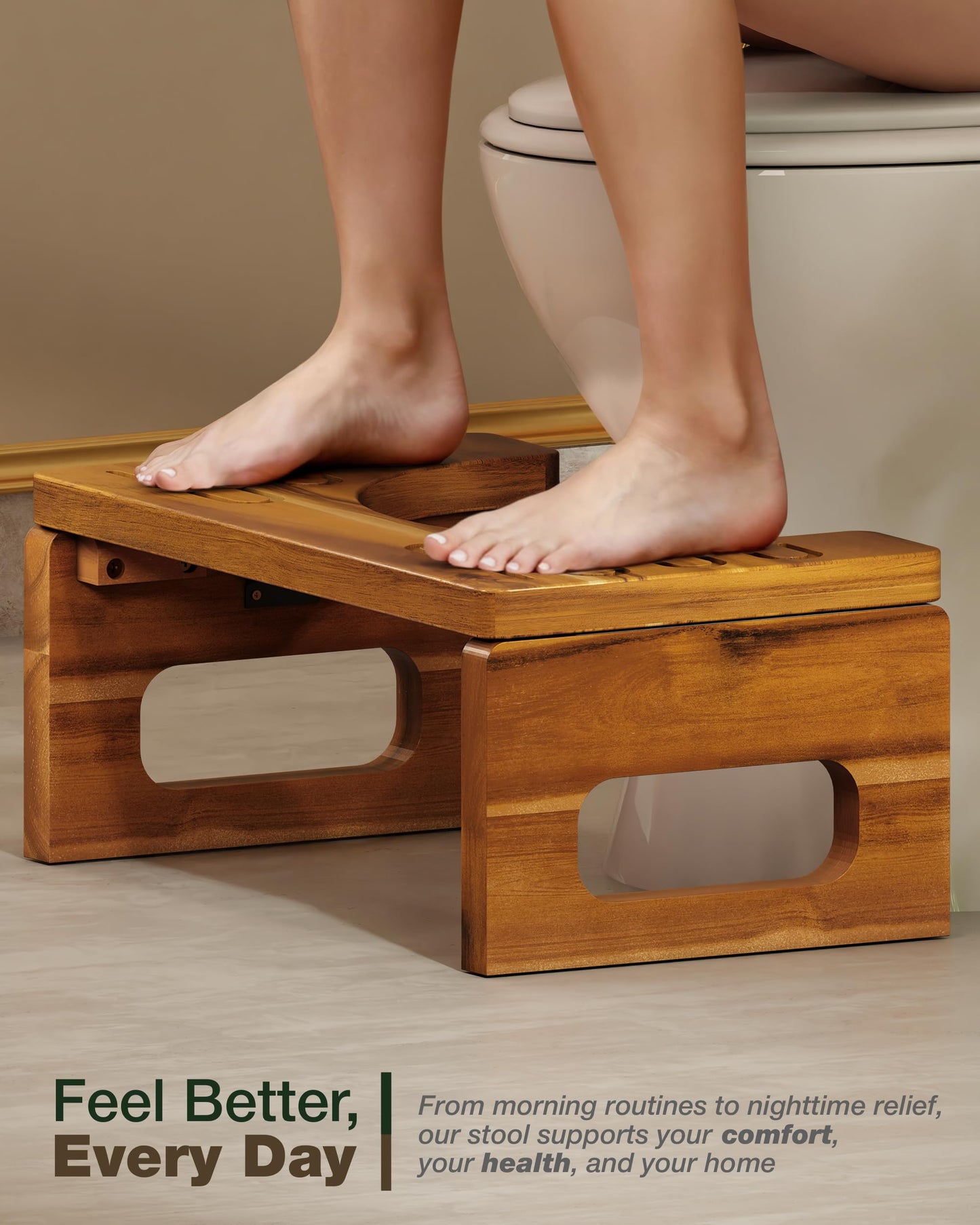BLUEWEST Foldable Toilet Stool, 7'' and 9'' Adjustable Heights Acacia Wood Poop for Potty Training,Durable Collapsible Bathroom Stool, Adjustable Height for Family Members with Non-Slip Layer