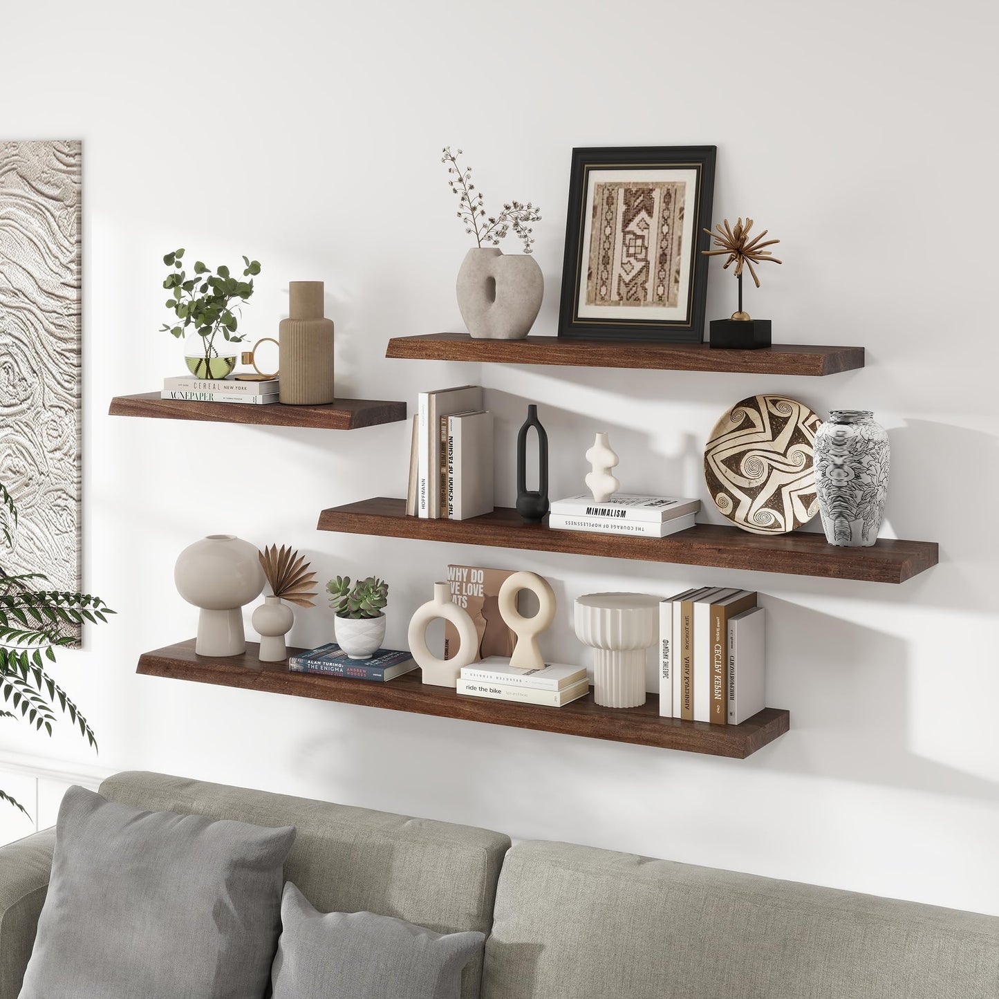 RICHFOCUS Live Edge Elm Floating Shelves - 48" W x 9.3" D Rustic Solid Wood Wall Shelves with Invisible Bracket, Wall-Mounted for Living Room, Bedroom, Kitchen Storage & Display, Set of 1, Walnut