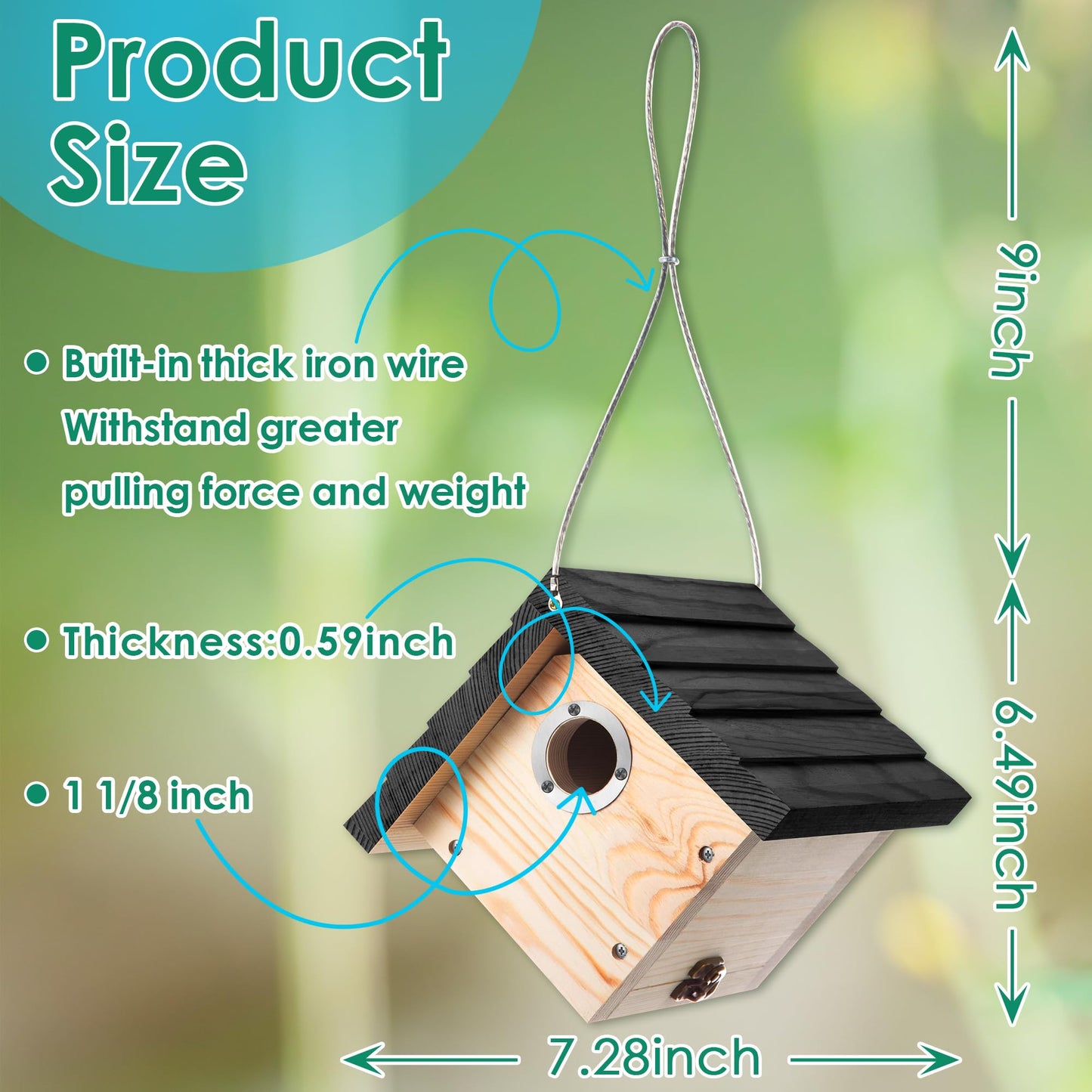Dreyoo 1 Pack Wren House, 1-1/8'' Entrance Hole Hanging Wooden Wren Bird Houses for Outside with Metal Guard, Air Vents, Pine Wood for Chickadees(Black)
