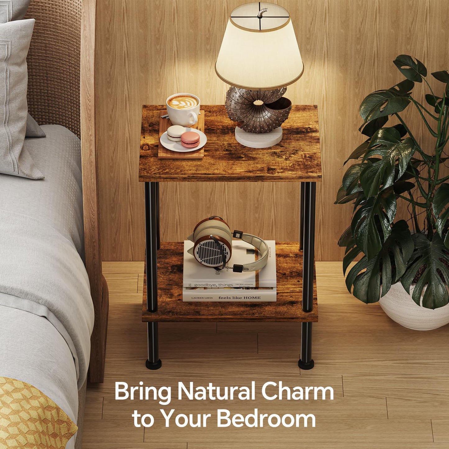 Simple Trending Side Table, Small End Table Living Room, Nightstand with 2 Tier Storage Shelves, Rustic Brown