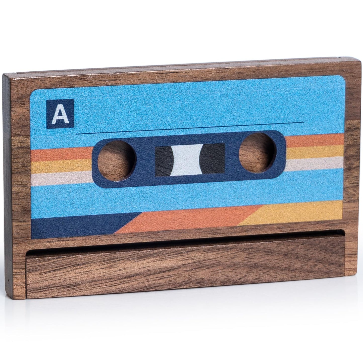 Wood Business Card Holder Case Cassette Shaped, Solid Walnut Wood Credit Card Holder Desk Wallet Personalized Nostalgia Unique Birthday Anniversary Christmas Gift for Husband Dad Friends Family Men