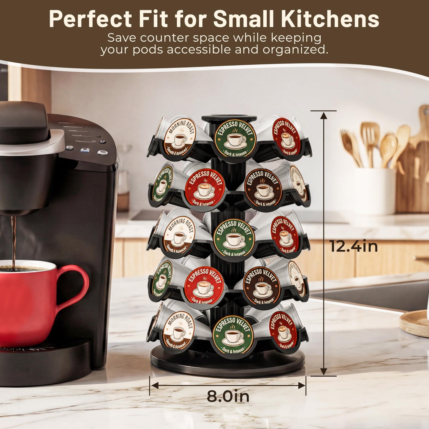 EVERIE Coffee Pod Carousel Organizer for Countertop, Holds 40 Single-Serve Coffee Pods, Smooth 360° Rotating Holder, Space-Saving Coffee Station Storage, Compact 8" x 8" x 12.4"