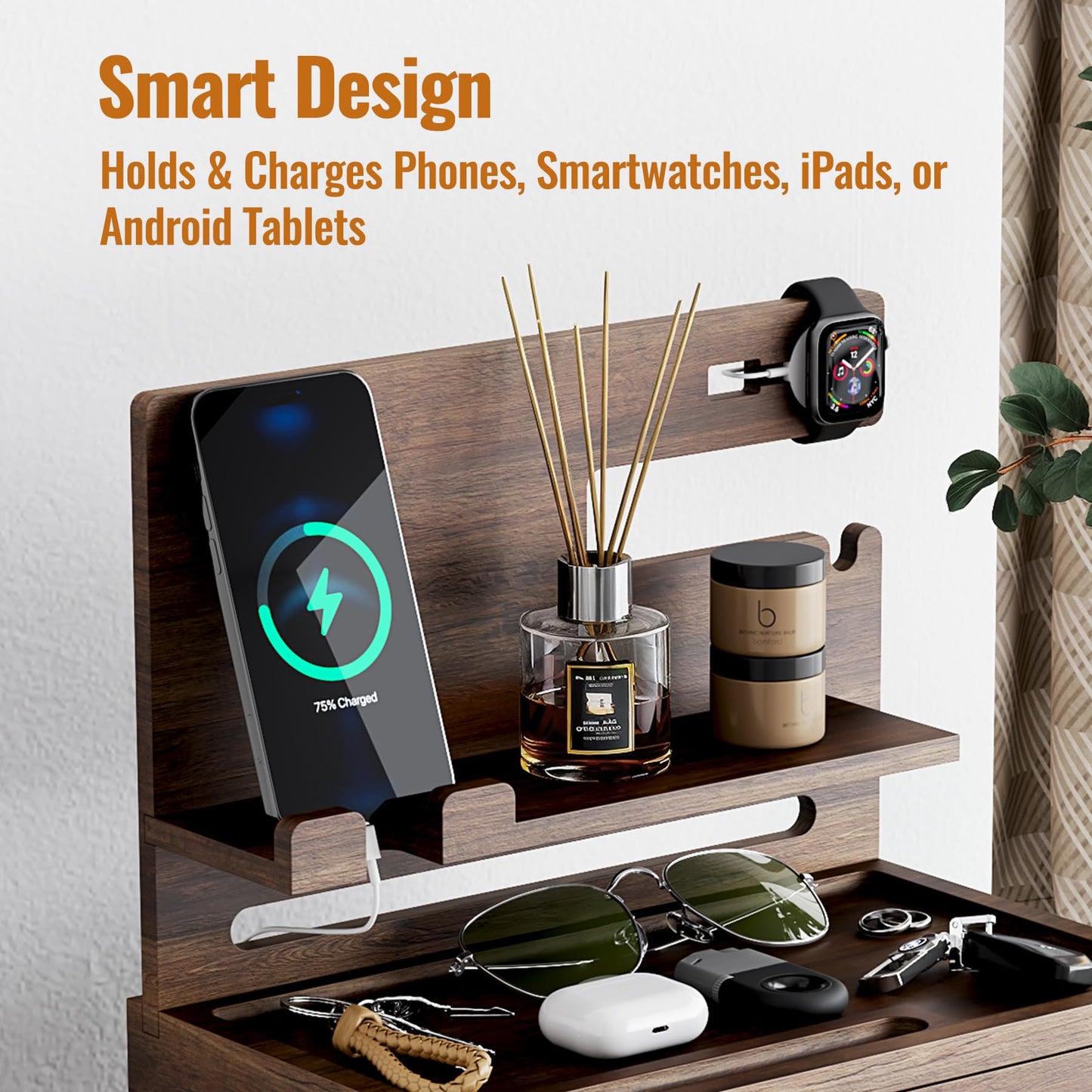 NiHome Wooden Nightstand Organizer for Men, Solid Wood Charging Dock for Smartphone, Smartwatch, Tablet, Wallet, Keys, Glasses, Accessories, Easy Assembly Stylish Design for Classic & Modern Interiors